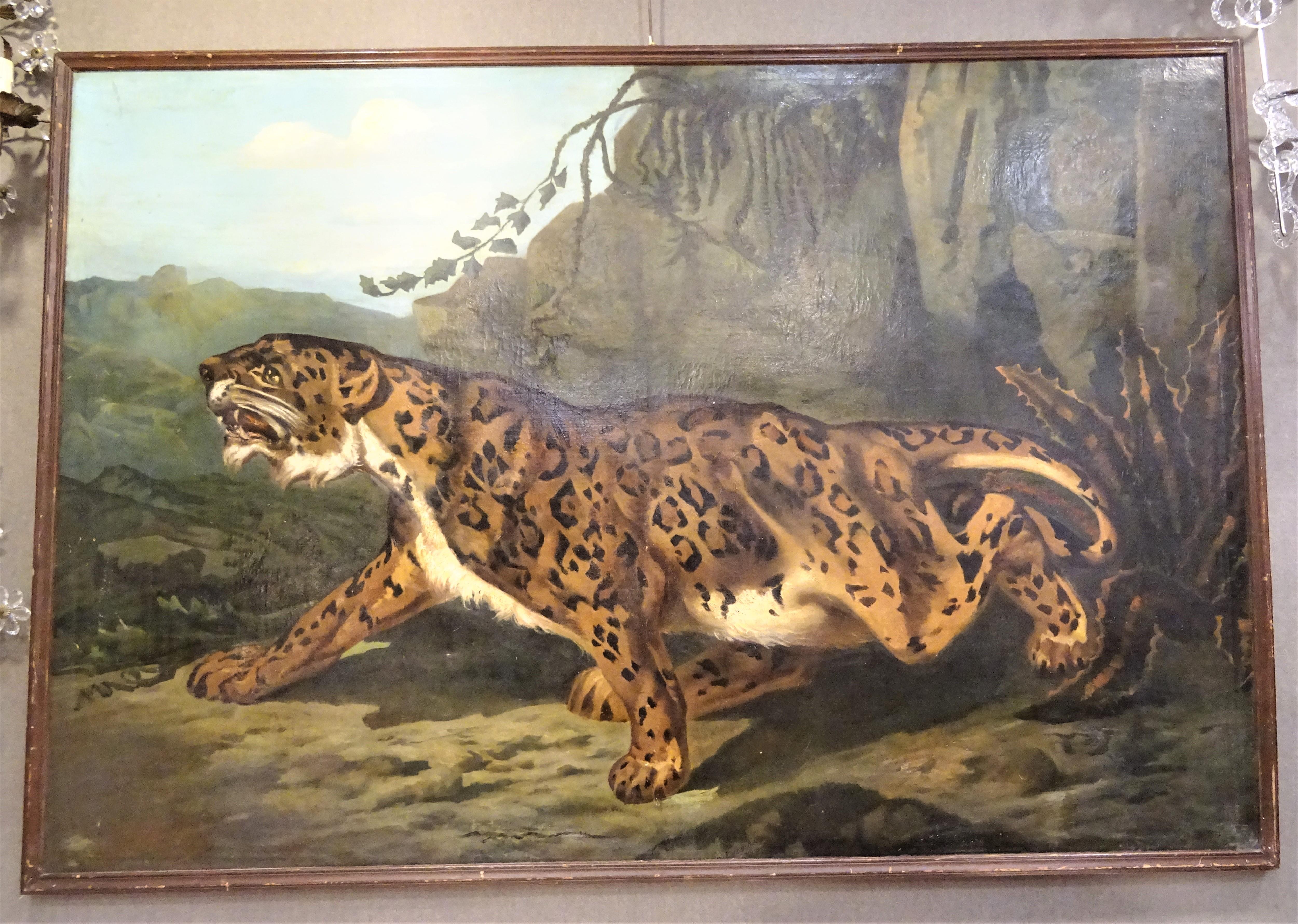 19th Century French Large Painting, Leopard, Oil on Canvas, Signed 8