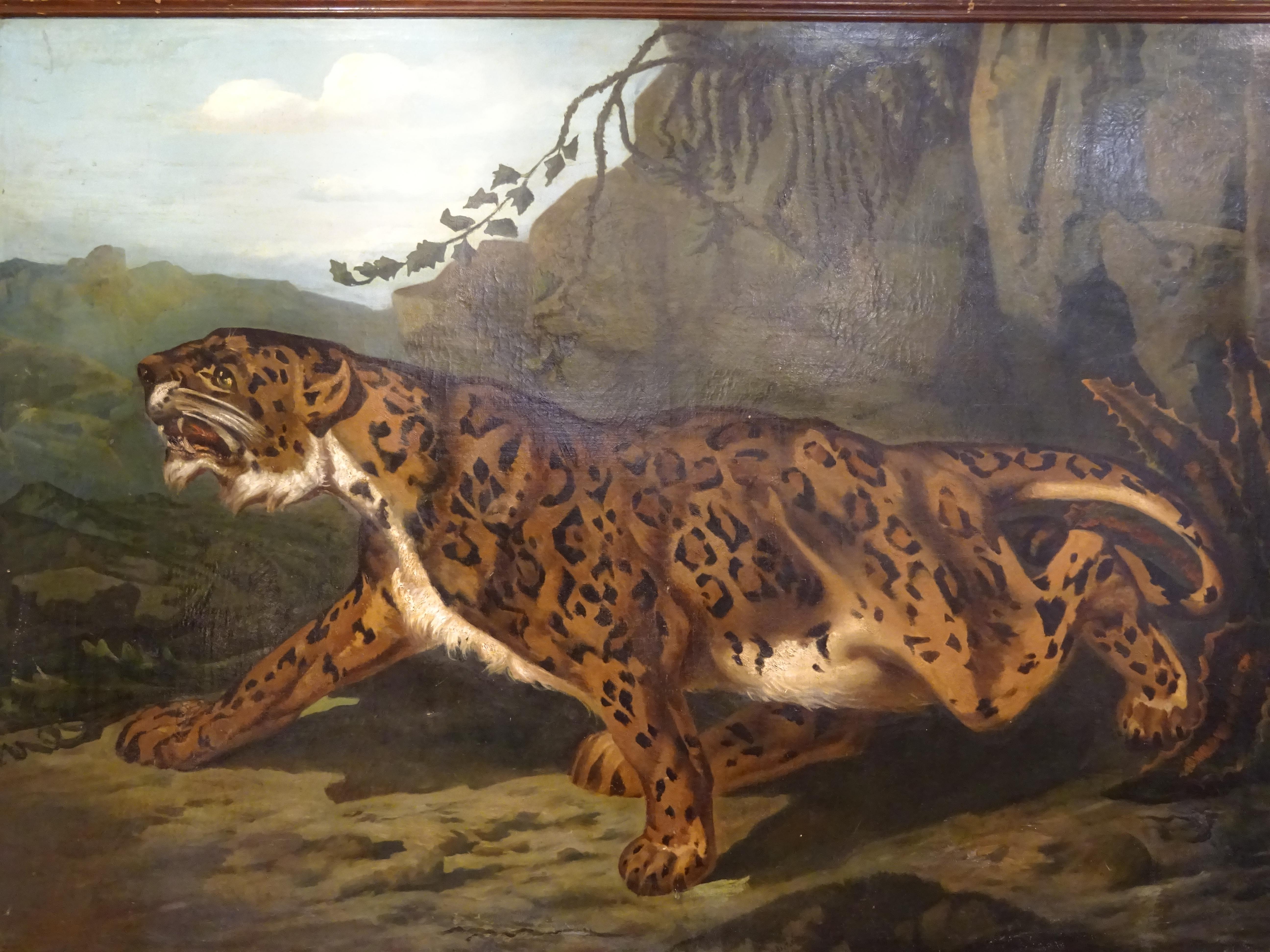 19th Century French Large Painting, Leopard, Oil on Canvas, Signed In Good Condition In Valladolid, ES