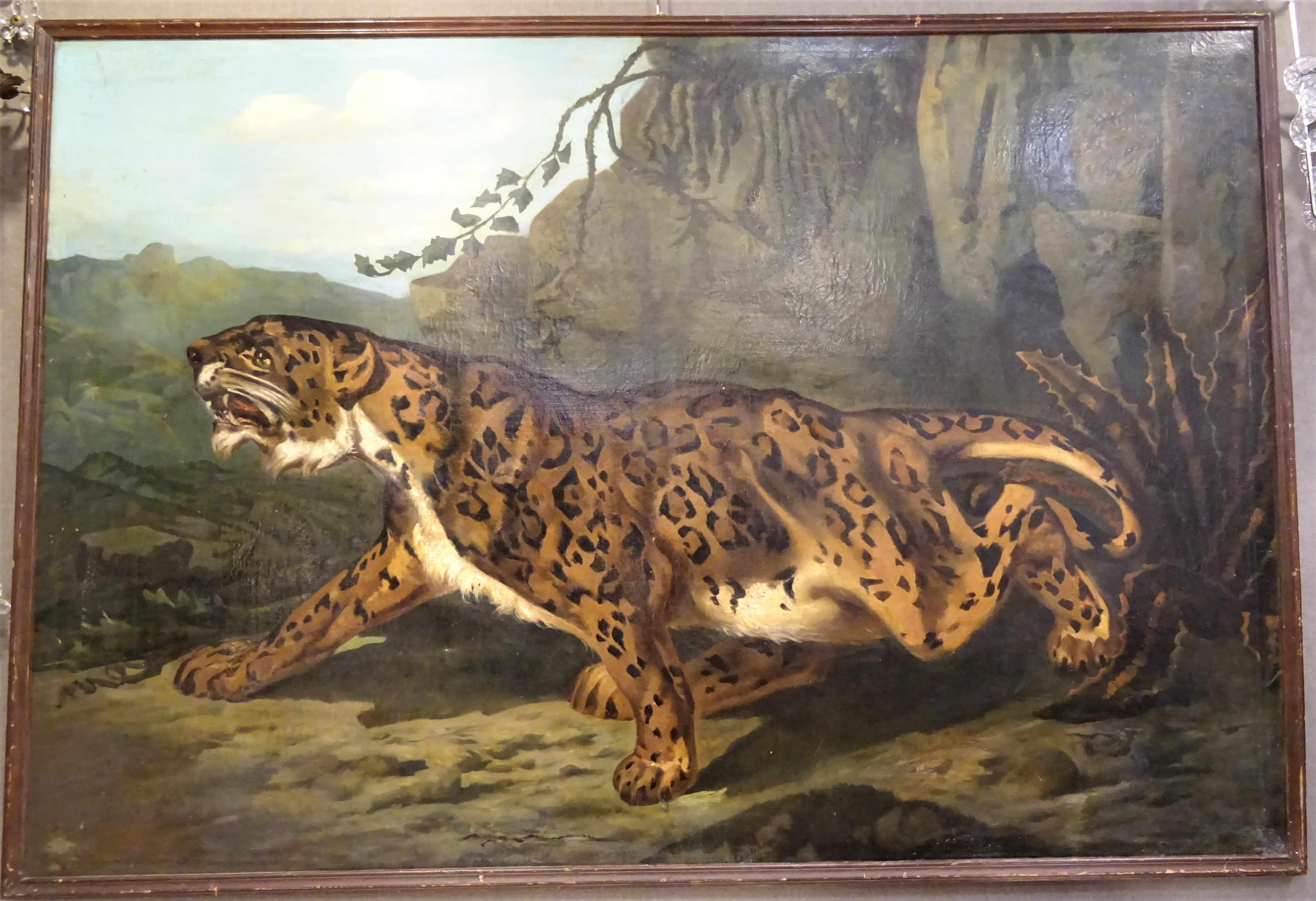 Late 19th Century 19th Century French Large Painting, Leopard, Oil on Canvas, Signed