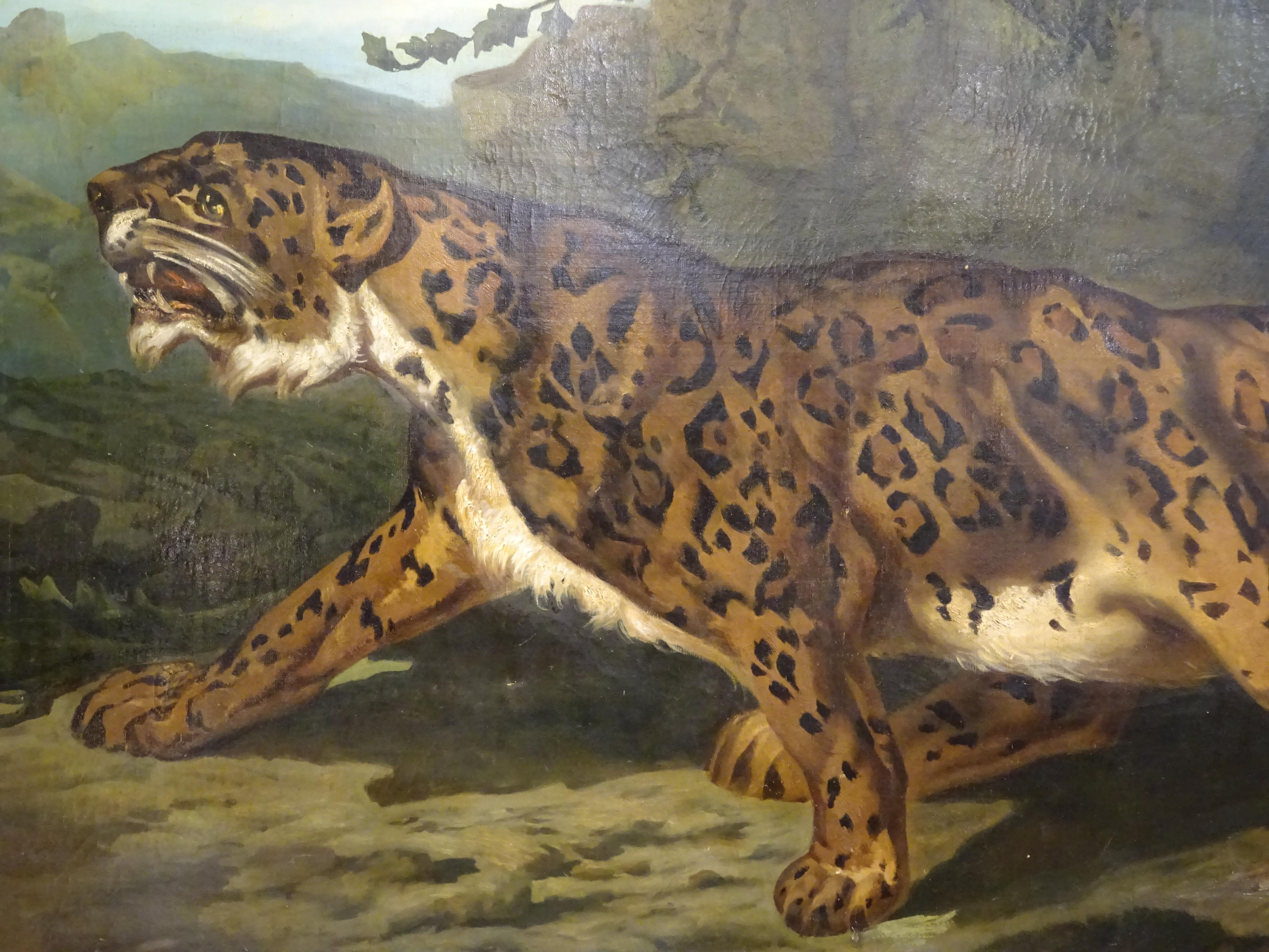 Hardwood 19th Century French Large Painting, Leopard, Oil on Canvas, Signed