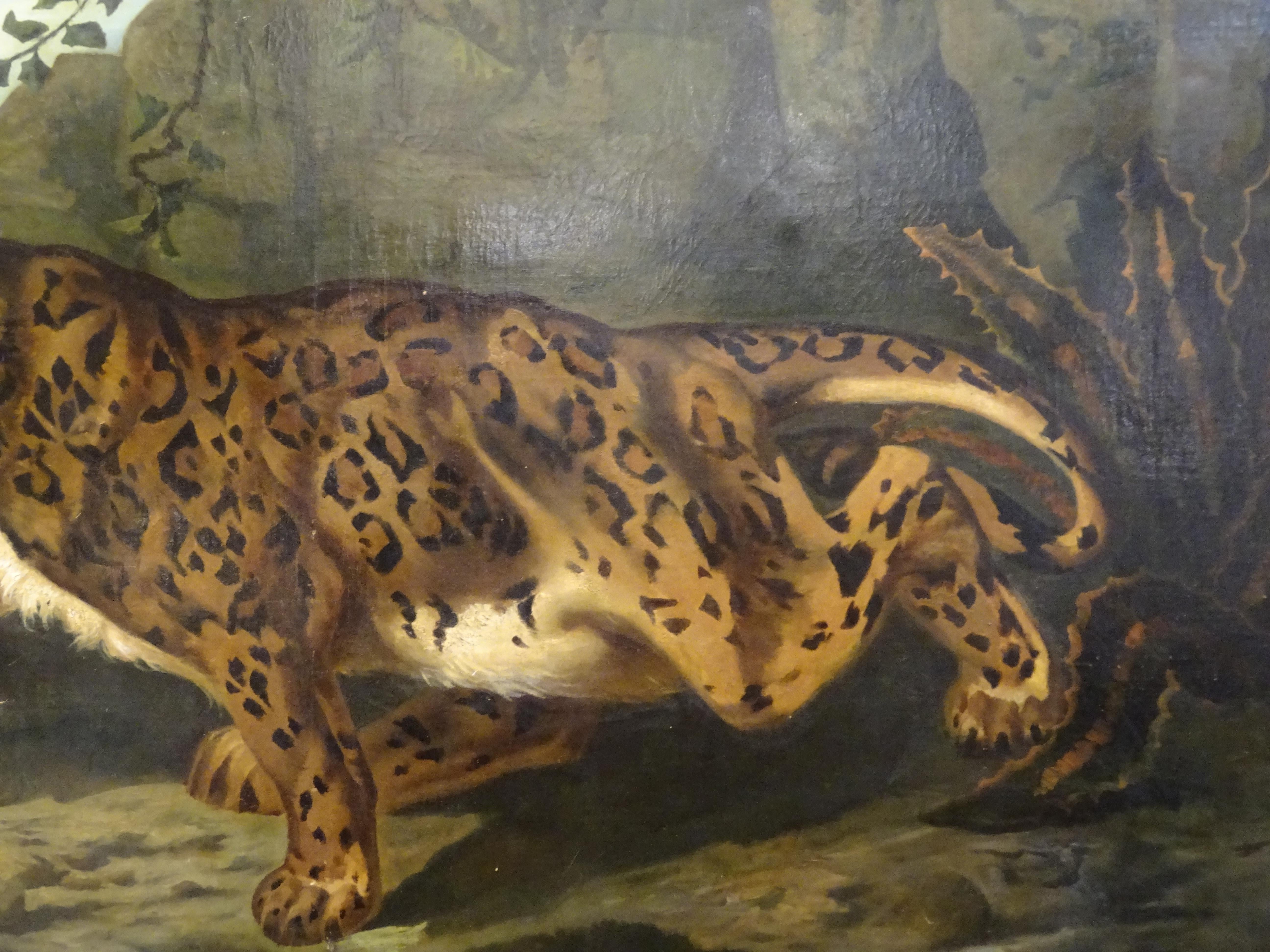 19th Century French Large Painting, Leopard, Oil on Canvas, Signed 1