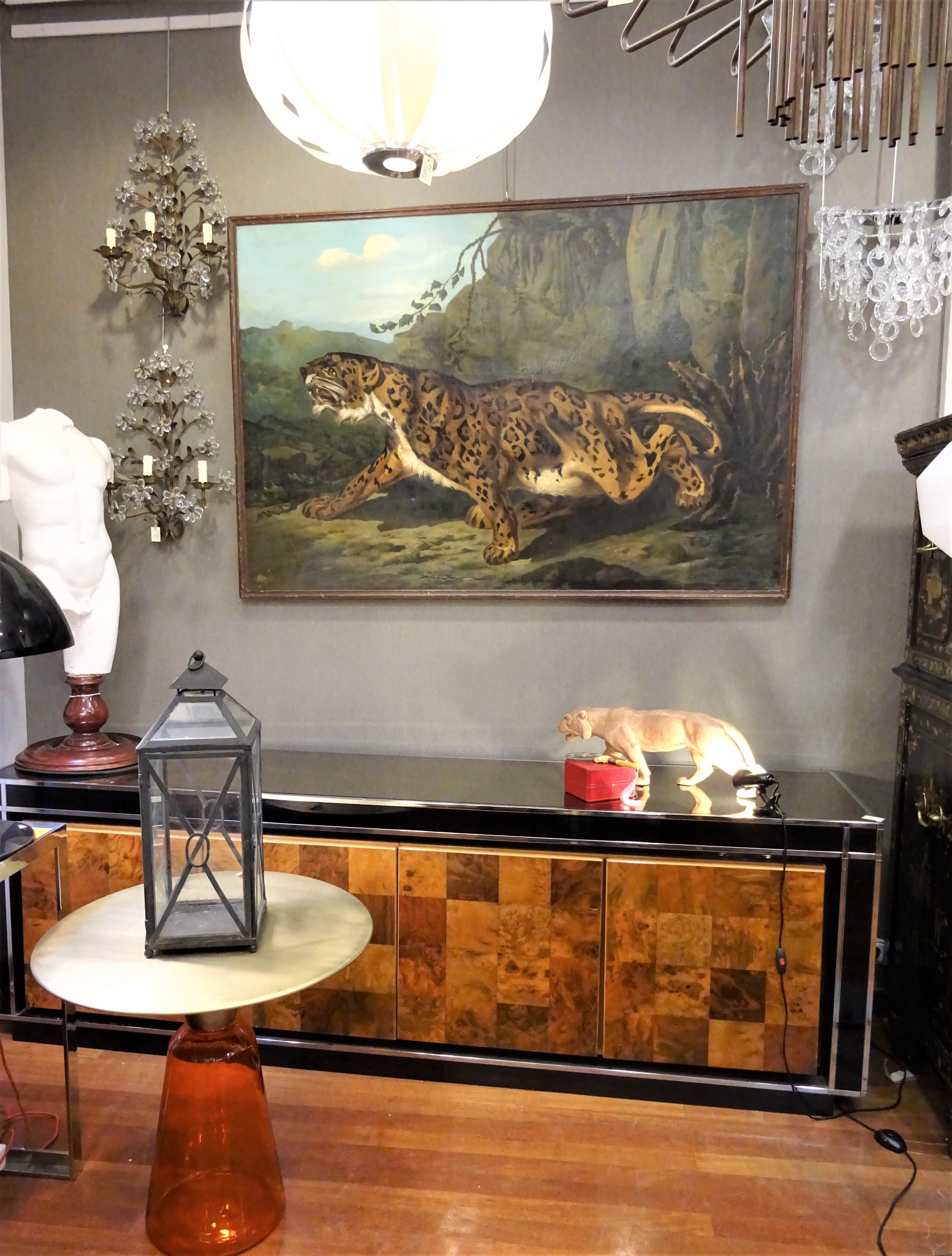19th Century French Large Painting, Leopard, Oil on Canvas, Signed 2
