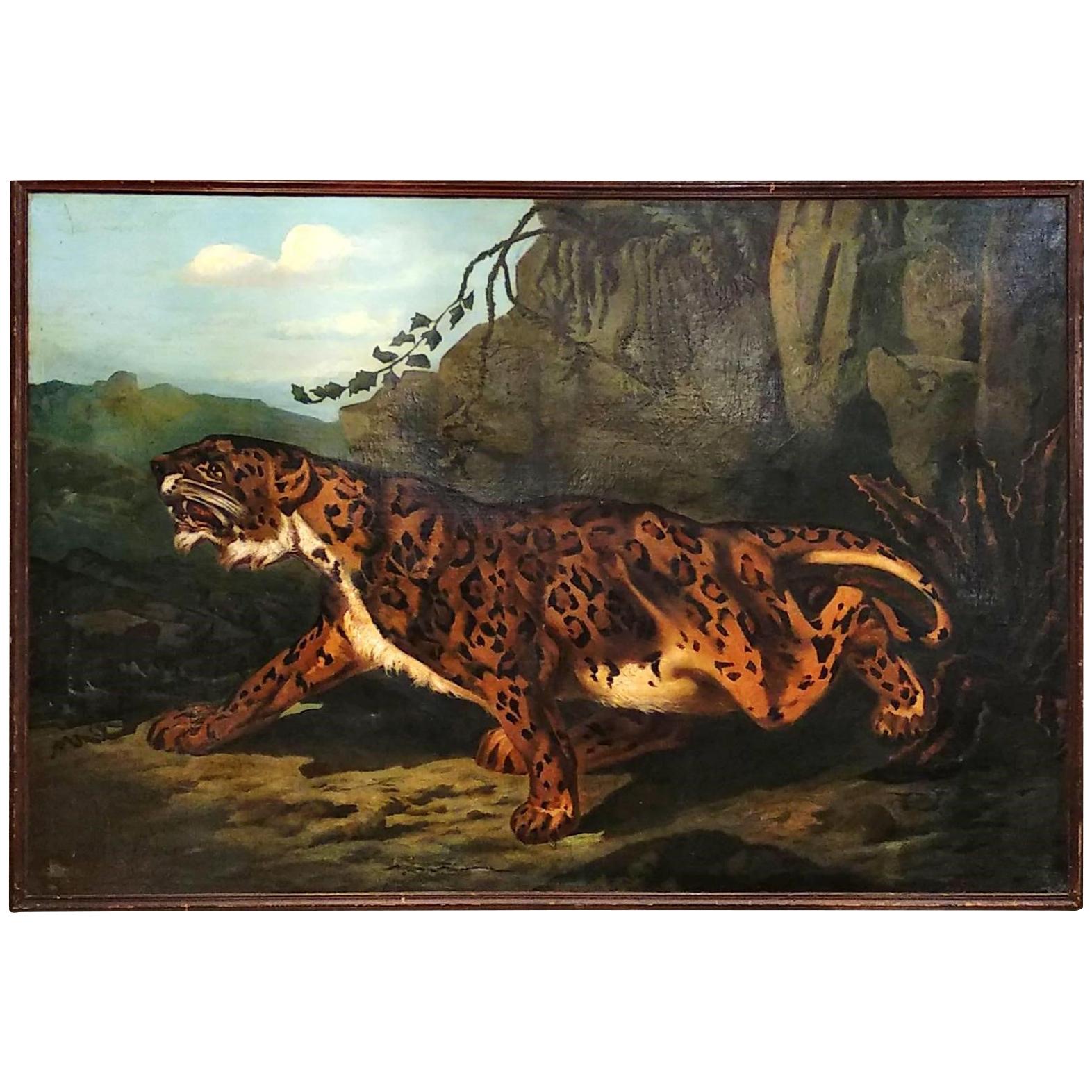 19th Century French Large Painting, Leopard, Oil on Canvas, Signed
