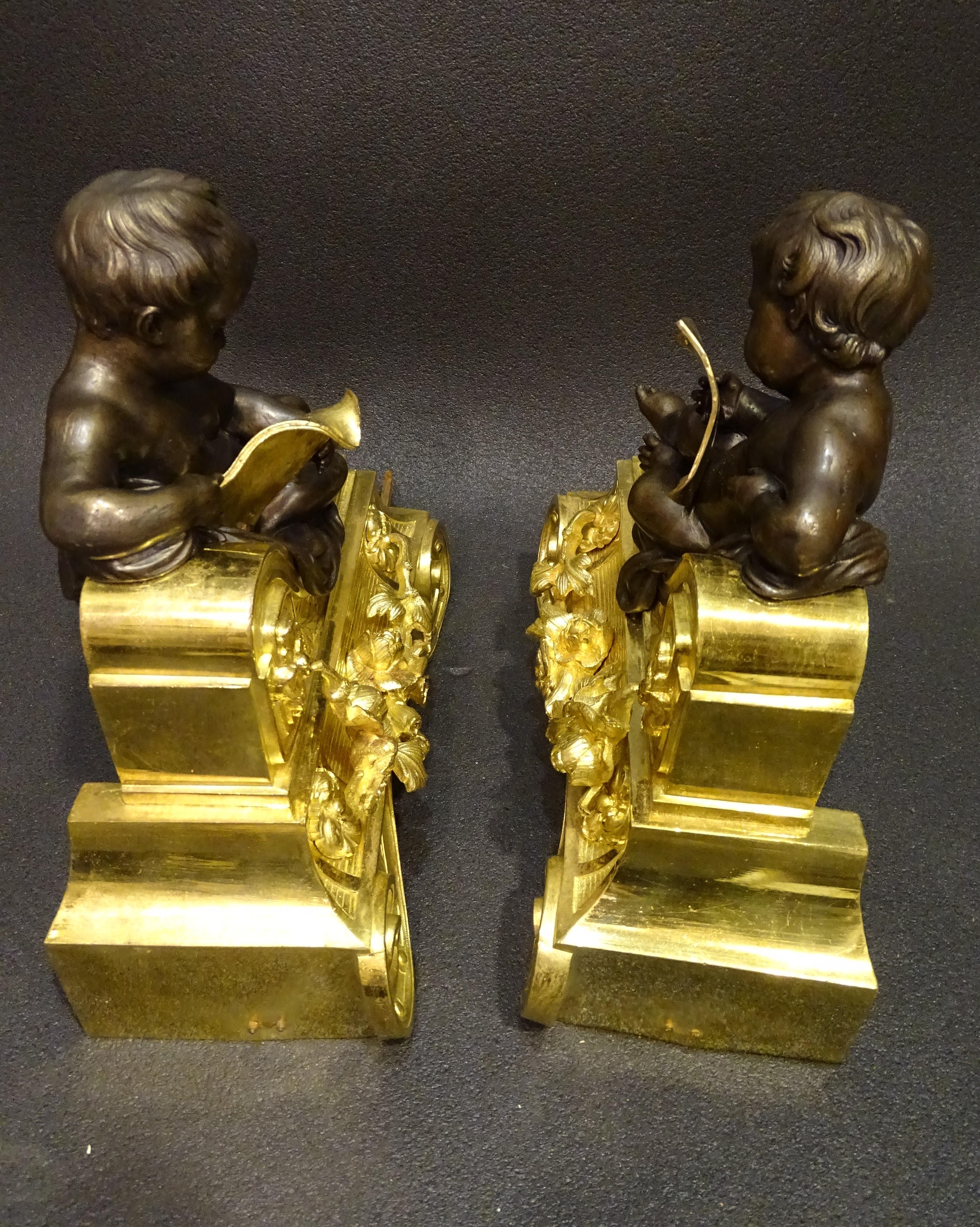 19th French Set of Blued Bronze Andirons with Reading Cherubs, Ormolu 6