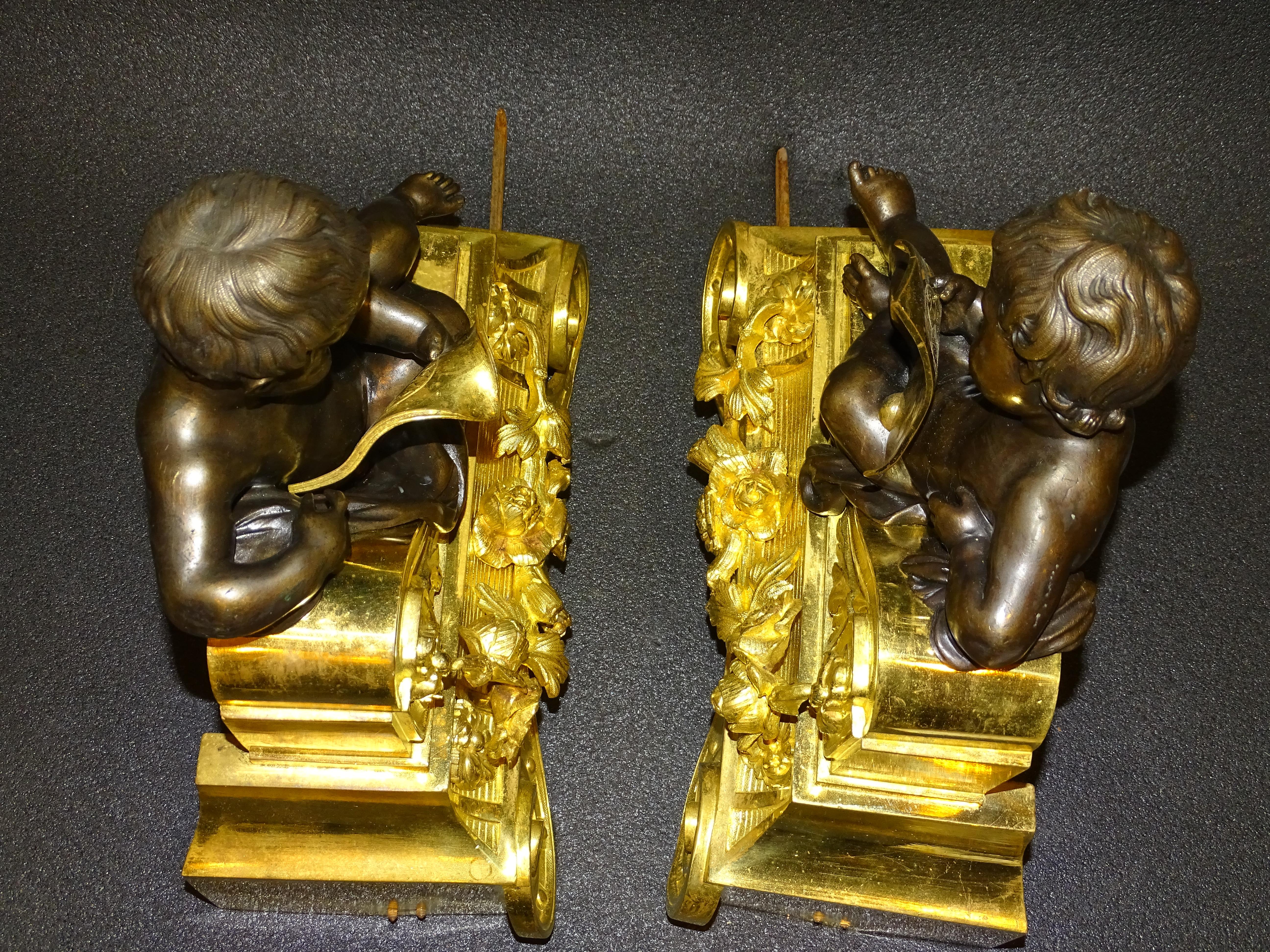 19th French Set of Blued Bronze Andirons with Reading Cherubs, Ormolu 8