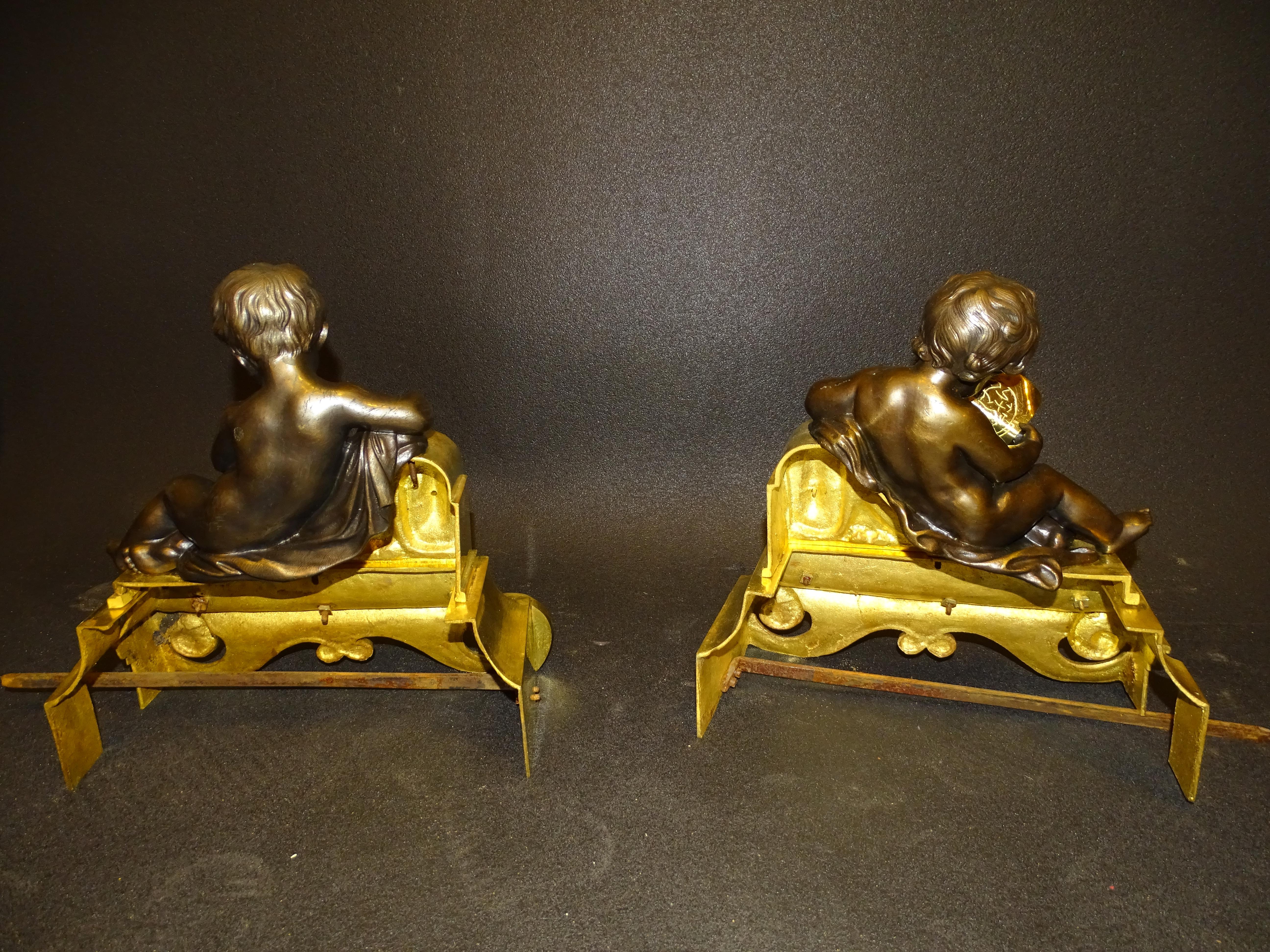 19th French Set of Blued Bronze Andirons with Reading Cherubs, Ormolu 11