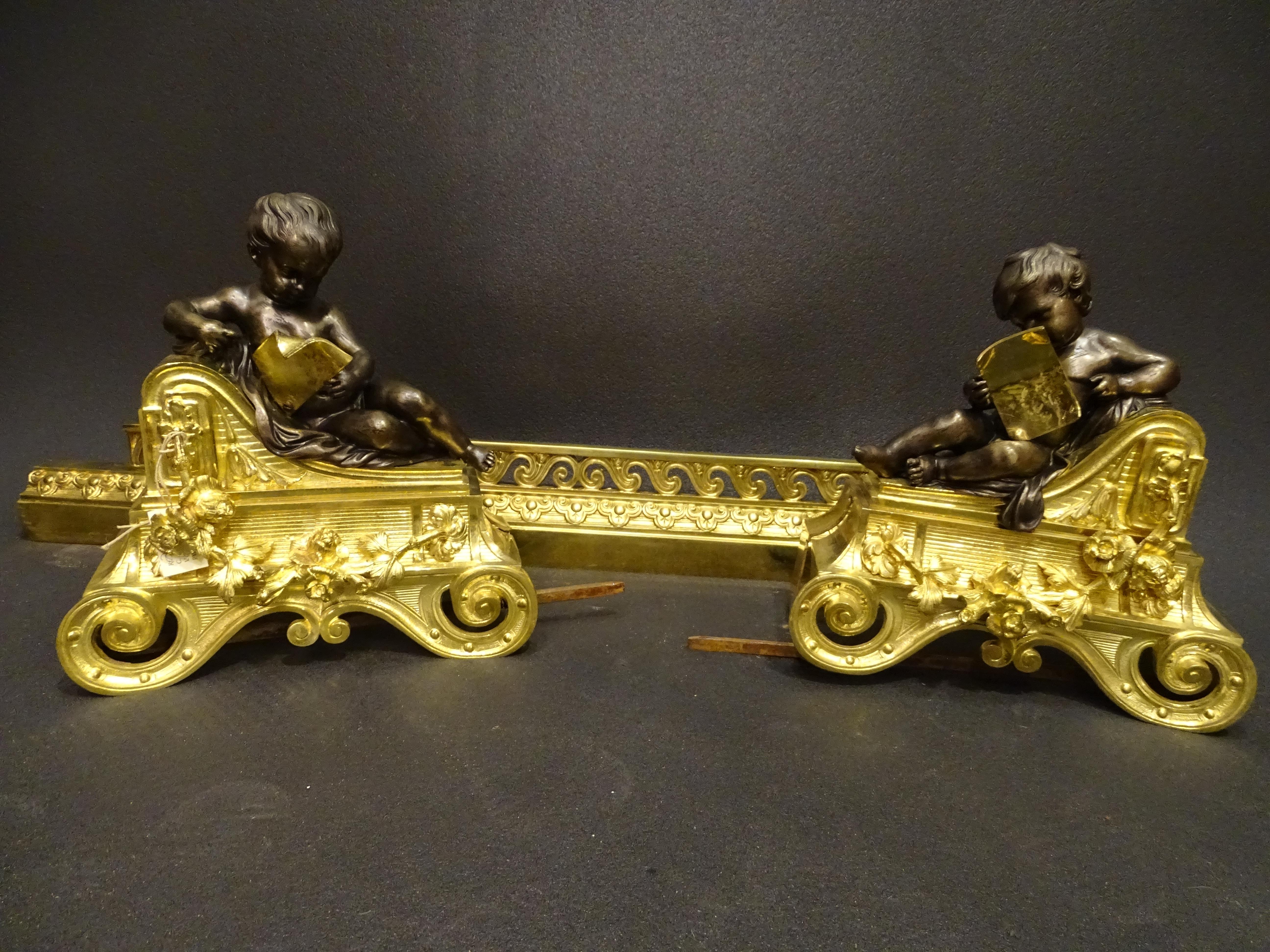 Restauration 19th French Set of Blued Bronze Andirons with Reading Cherubs, Ormolu