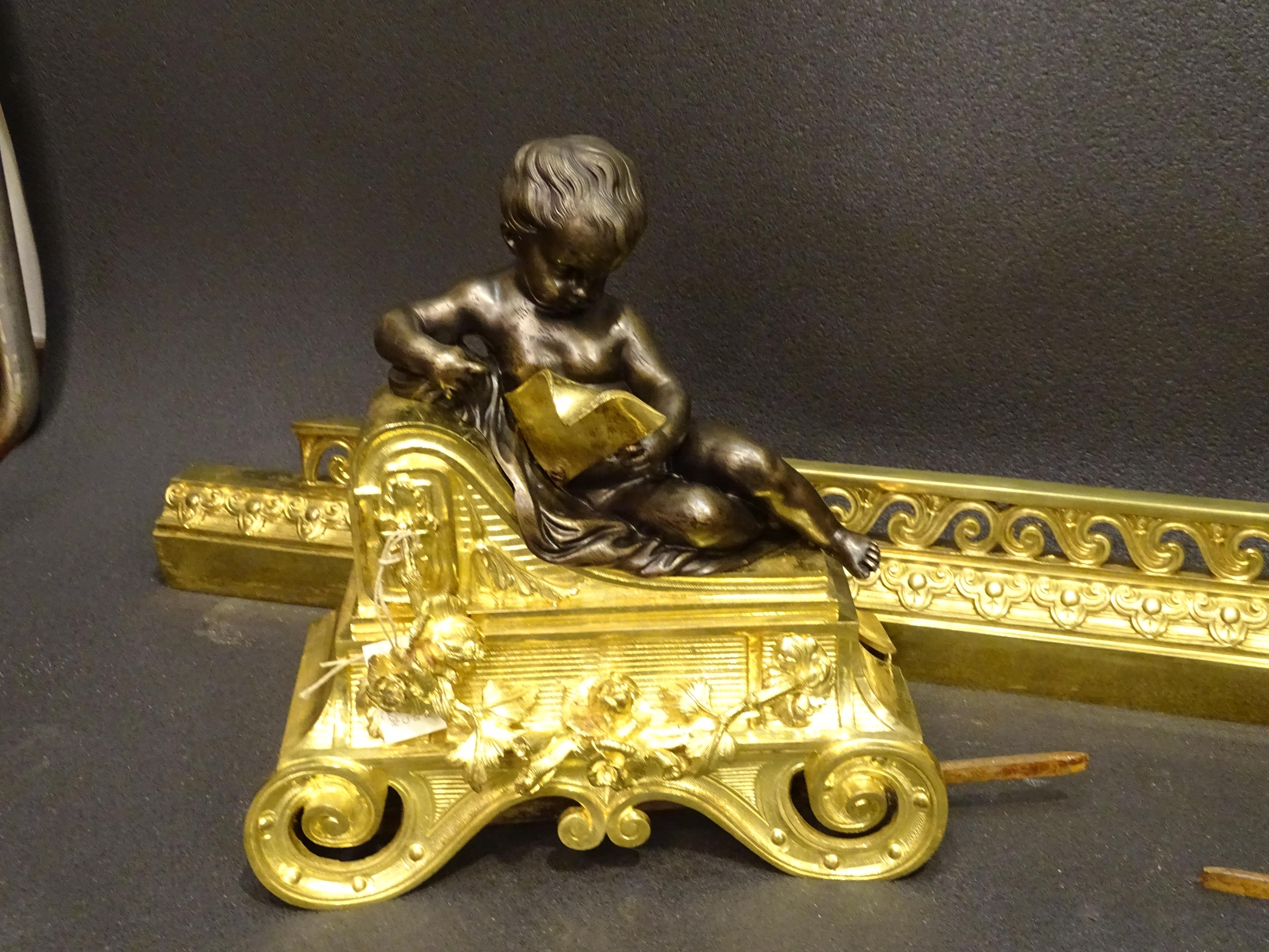Mid-19th Century 19th French Set of Blued Bronze Andirons with Reading Cherubs, Ormolu