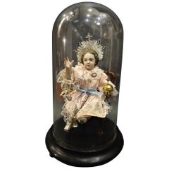 St Child Jesus of Puncan Sculpture in a Glass Dome, Silver, Gold, Silk Wood