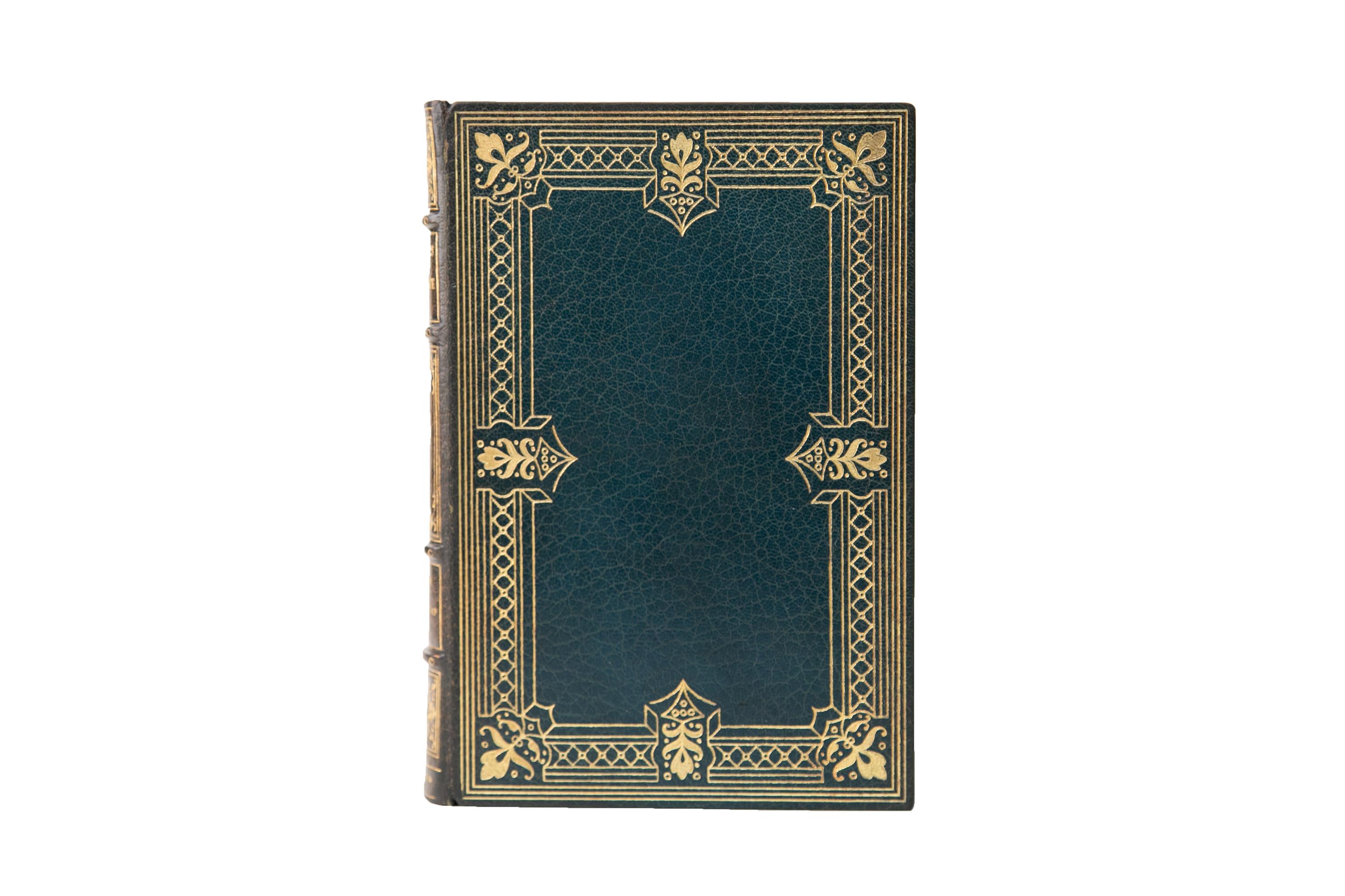 19 Volumes. Bret Harte, The Writings. Autograph Edition. Bound by Stikeman in full blue morocco with the covers displaying ornate gilt-tooled bordering with floral details. The spines display raised bands, floral details, bordering, and label