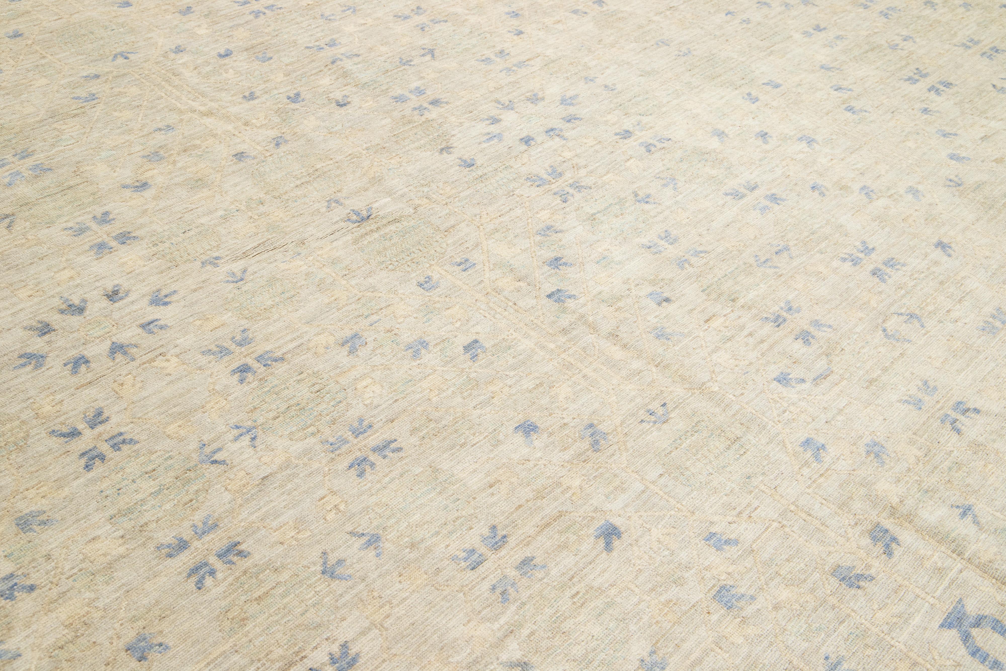 19 X 24 Oversized Modern Khotan Floral Handmade Wool Rug In Beige For Sale 5