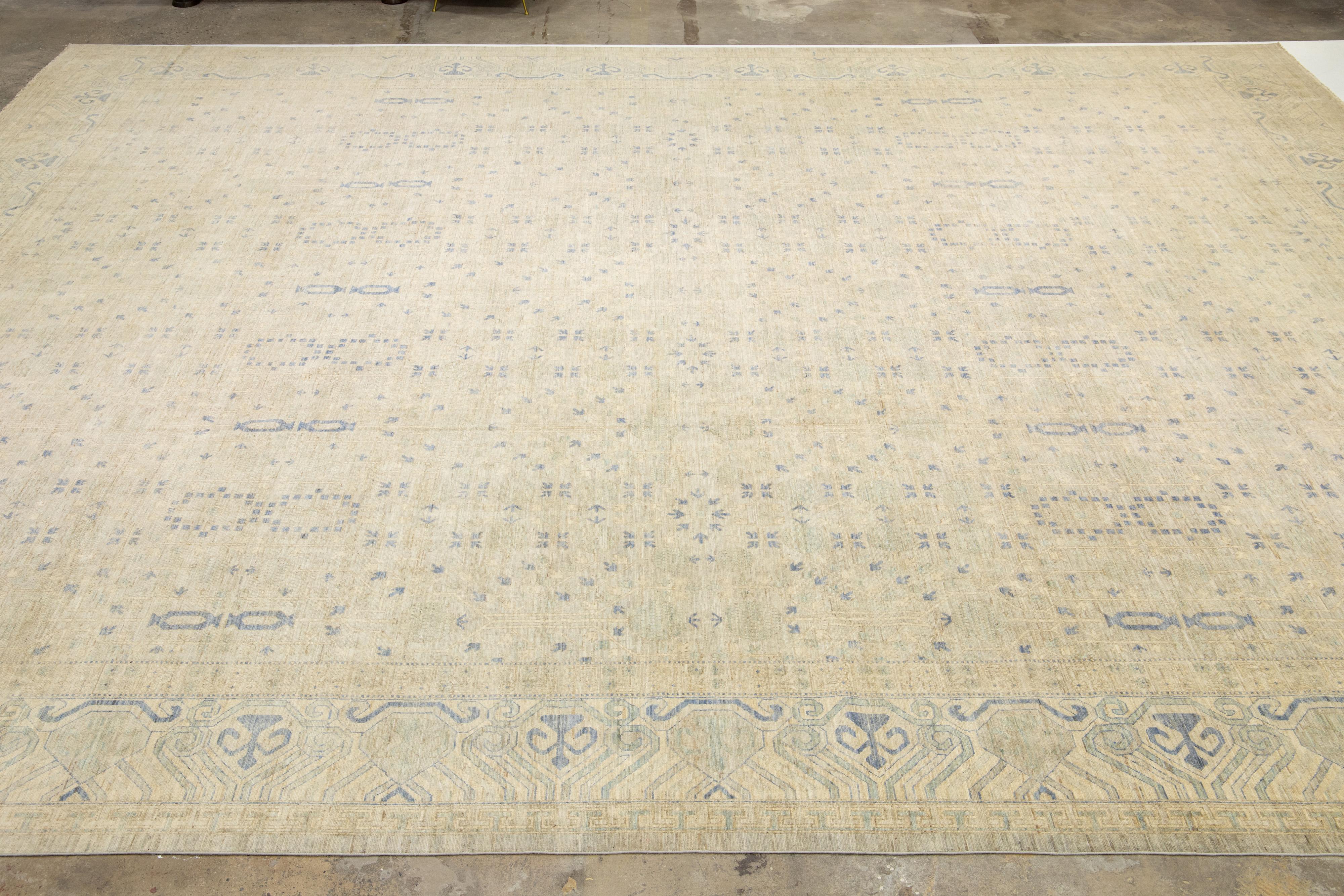 19 X 24 Oversized Modern Khotan Floral Handmade Wool Rug In Beige For Sale 7