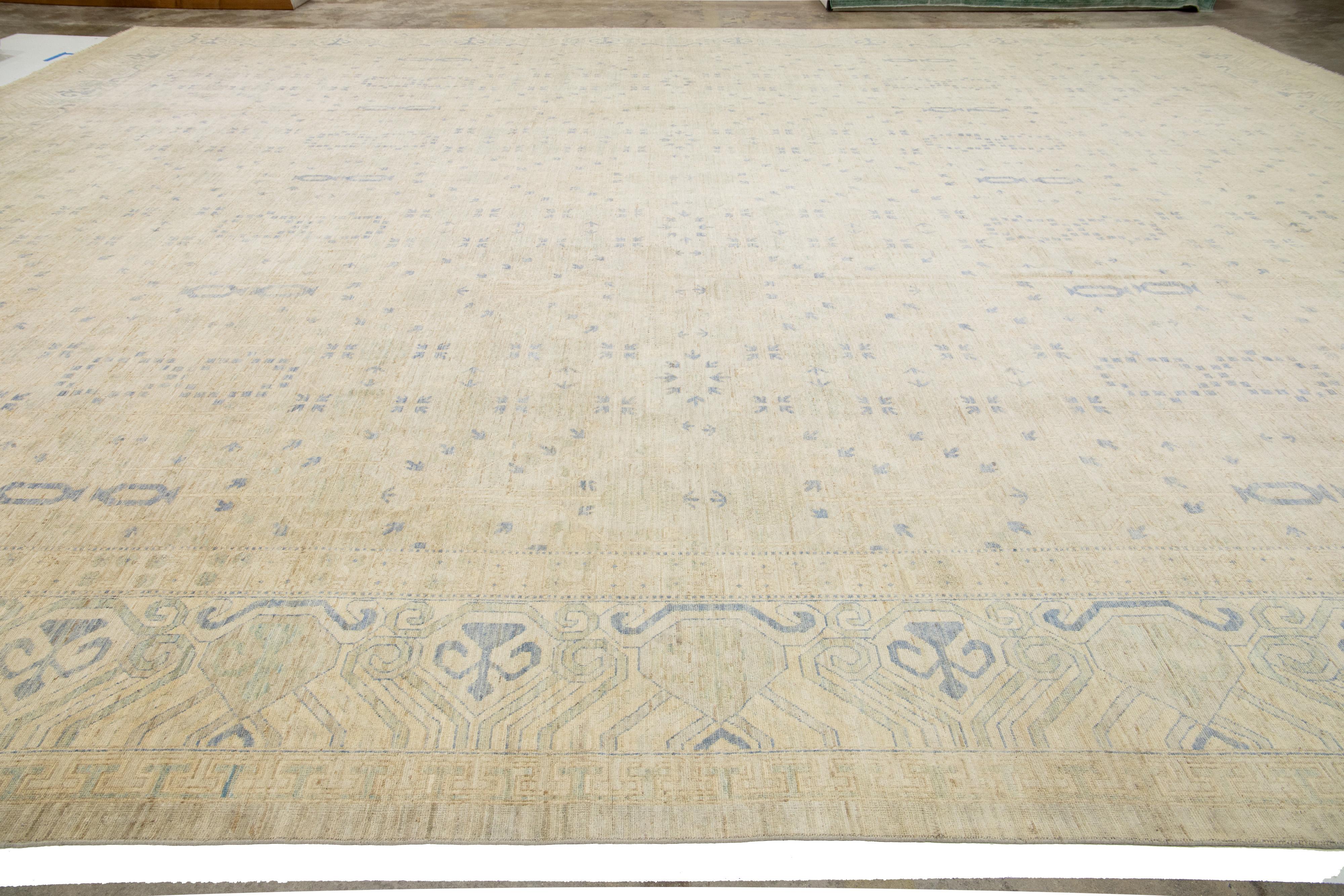 19 X 24 Oversized Modern Khotan Floral Handmade Wool Rug In Beige For Sale 8
