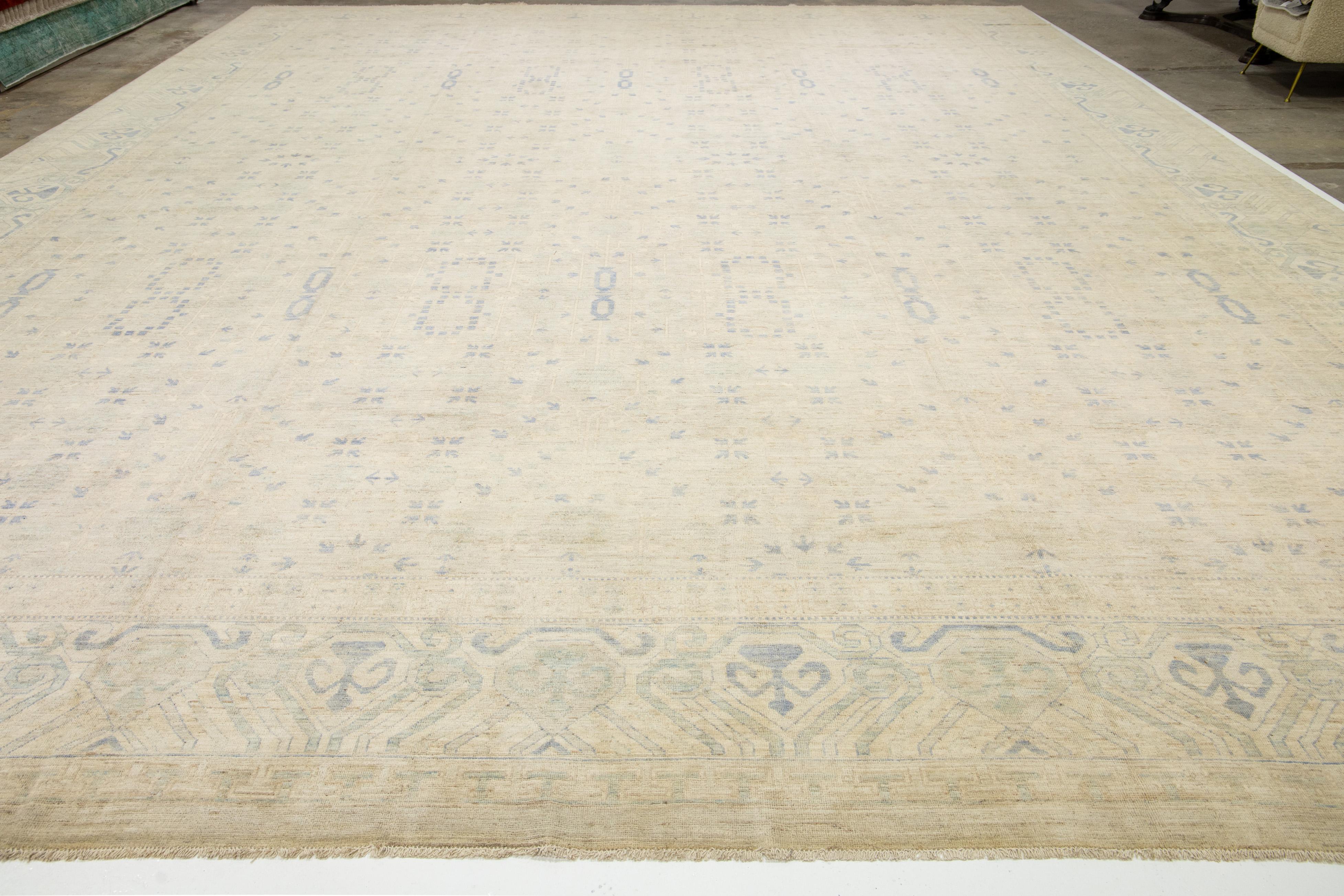 19 X 24 Oversized Modern Khotan Floral Handmade Wool Rug In Beige For Sale 9