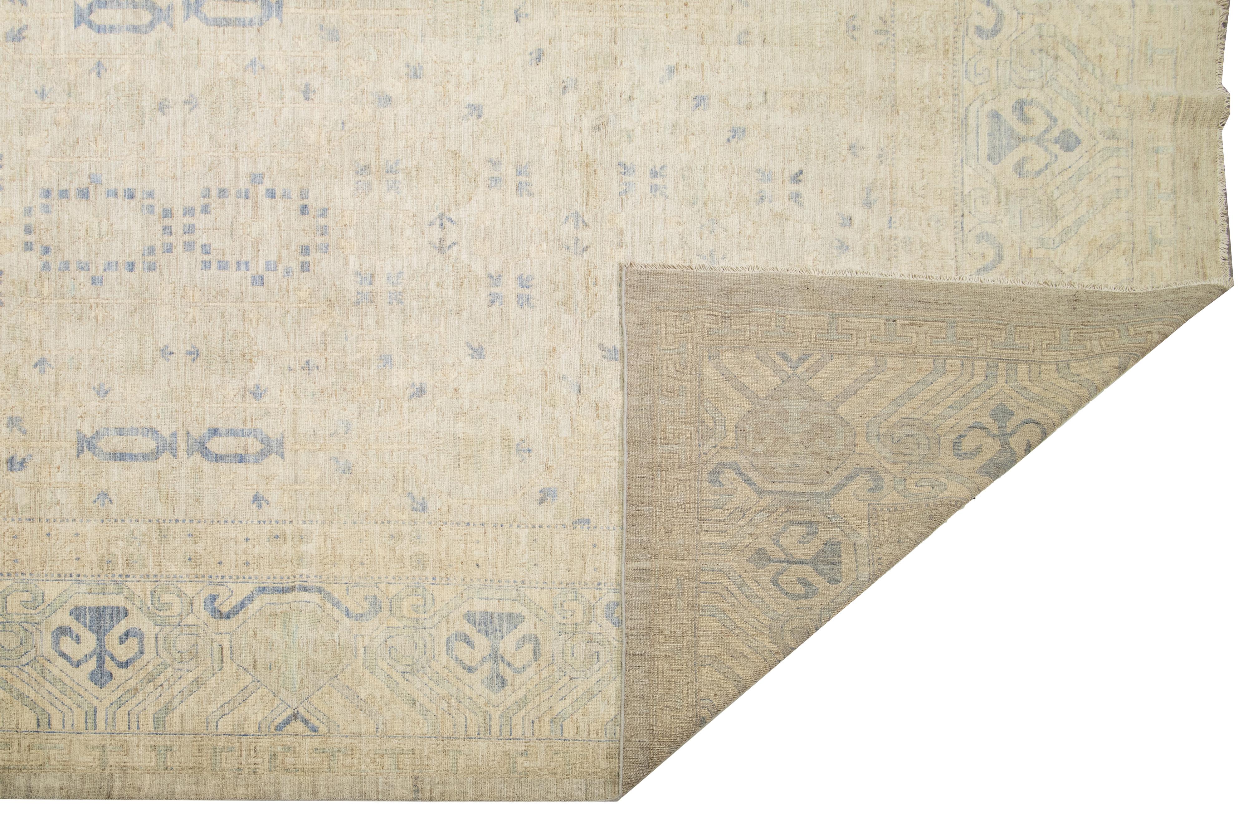 Pakistani 19 X 24 Oversized Modern Khotan Floral Handmade Wool Rug In Beige For Sale