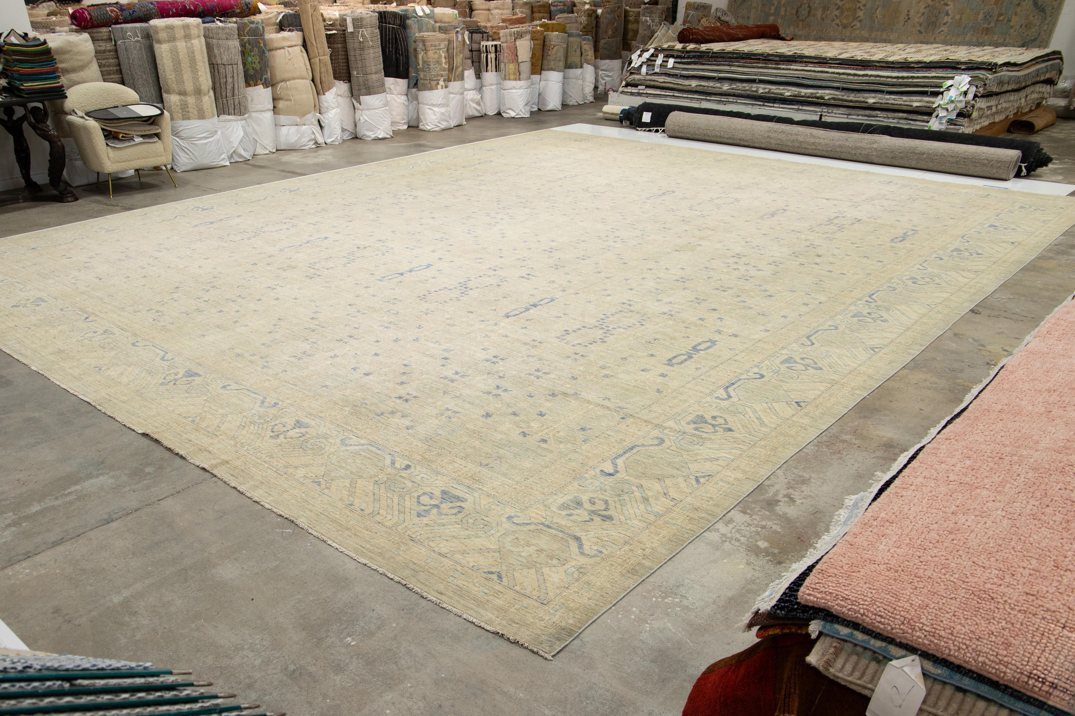 Hand-Knotted 19 X 24 Oversized Modern Khotan Floral Handmade Wool Rug In Beige For Sale