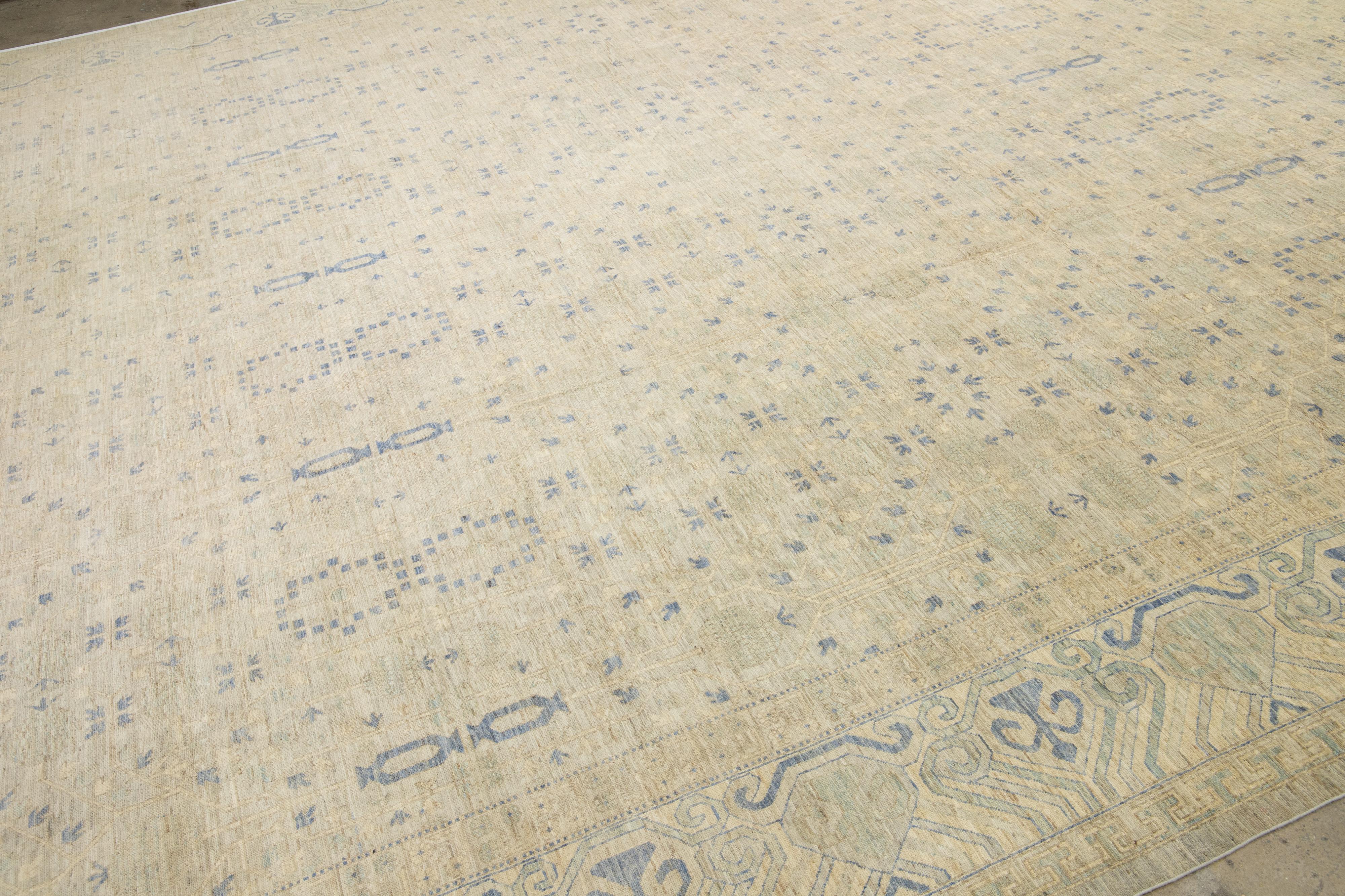 19 X 24 Oversized Modern Khotan Floral Handmade Wool Rug In Beige In New Condition For Sale In Norwalk, CT