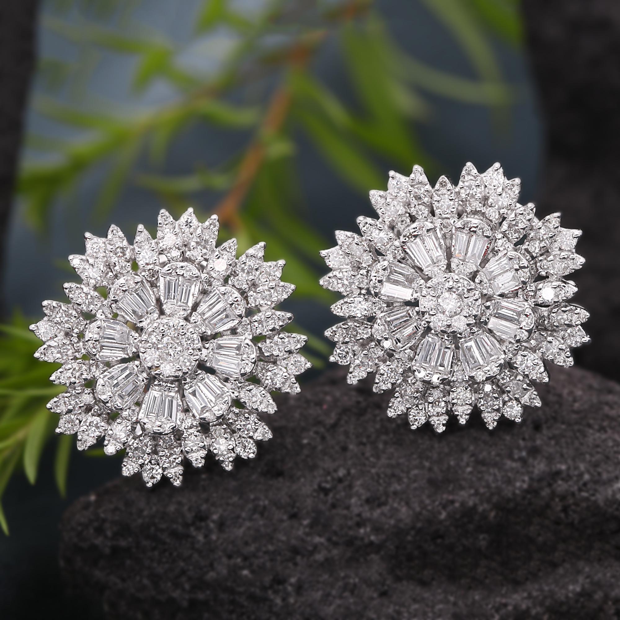 Modern 1.90 Carat Baguette Round Diamond Flower Earrings 18 Karat White Gold Jewerly For Sale