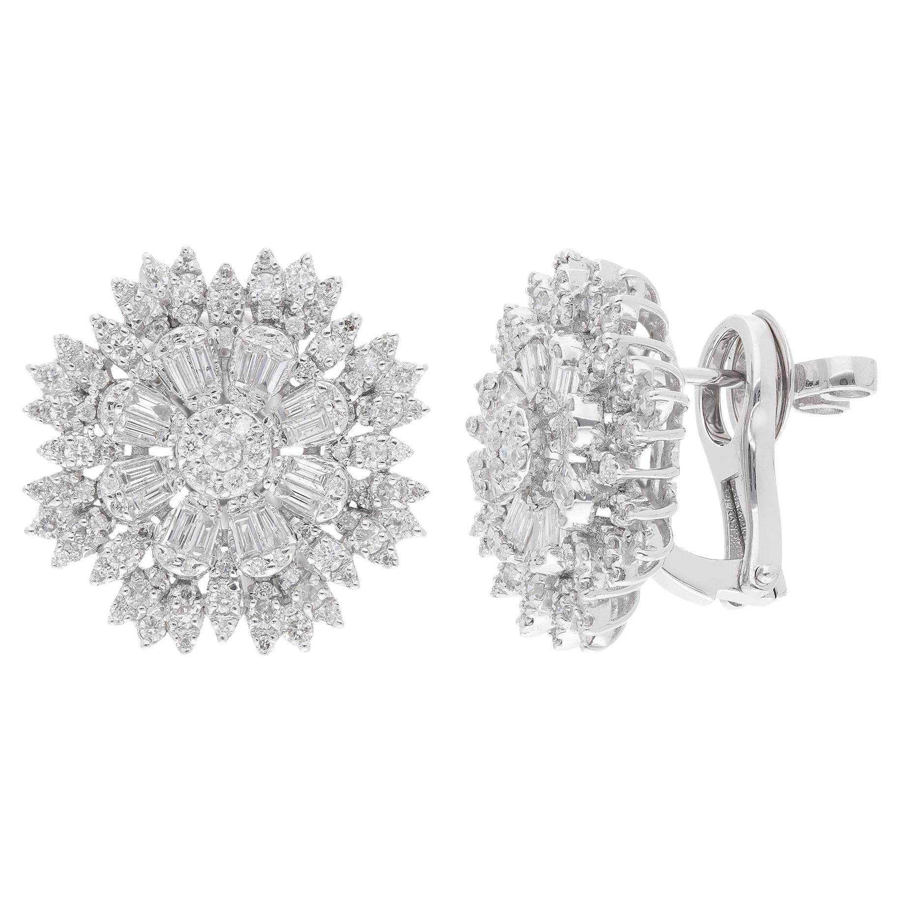 1.90 Carat Baguette Round Diamond Flower Earrings 18 Karat White Gold Jewerly For Sale