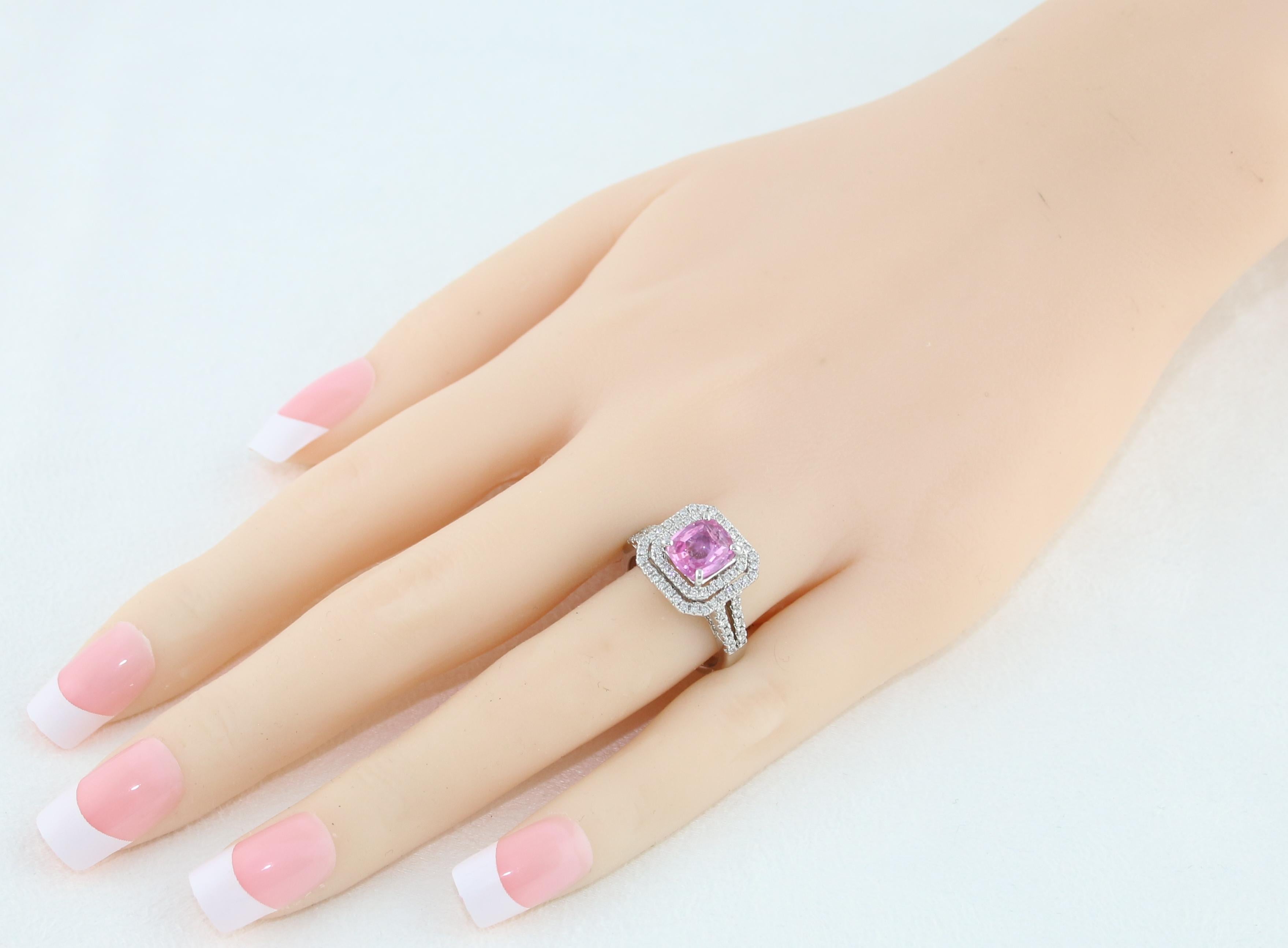 Modern 1.90 Carat Cushion Cut Pink Sapphire Diamond Gold Ring For Sale