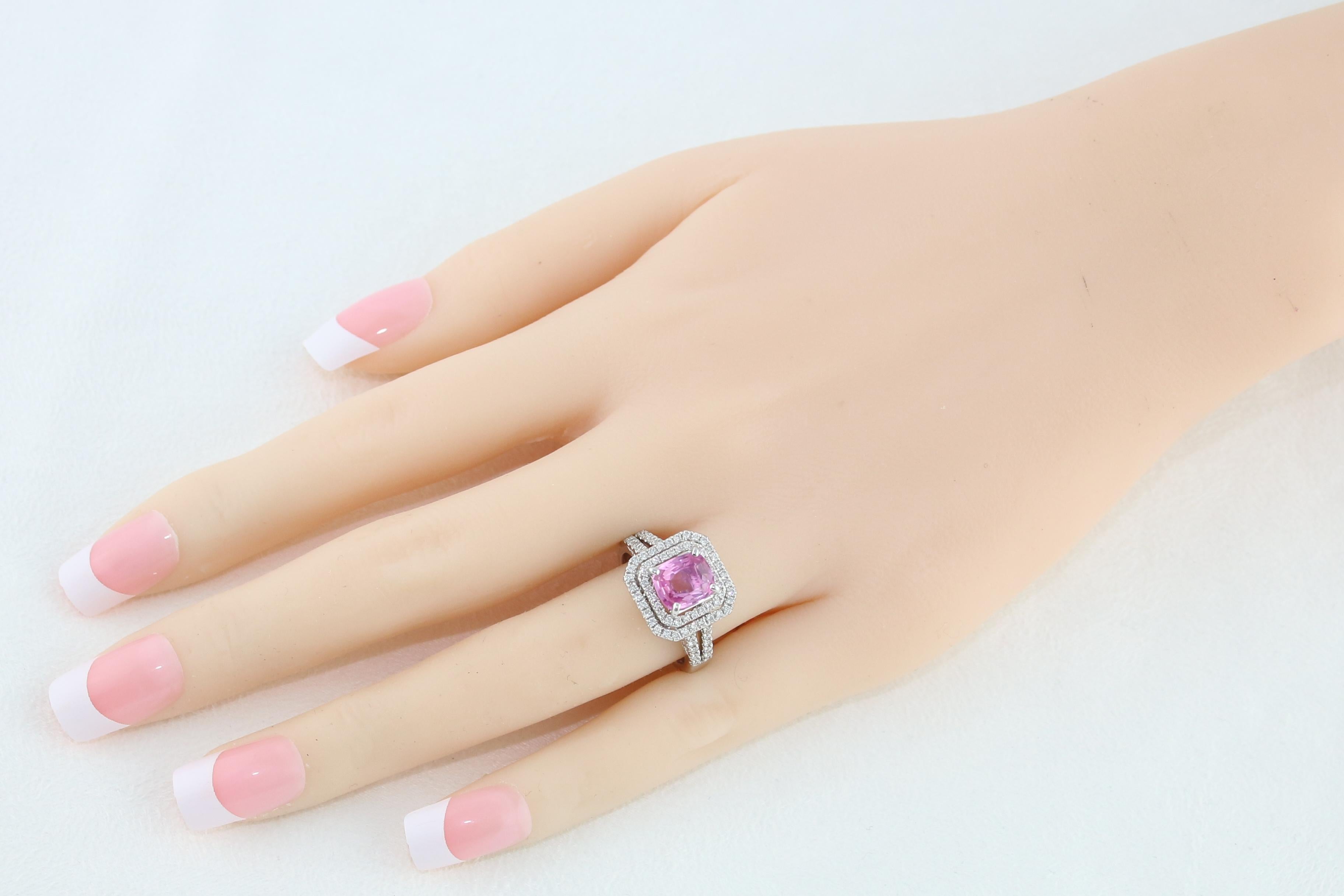 Women's 1.90 Carat Cushion Cut Pink Sapphire Diamond Gold Ring For Sale