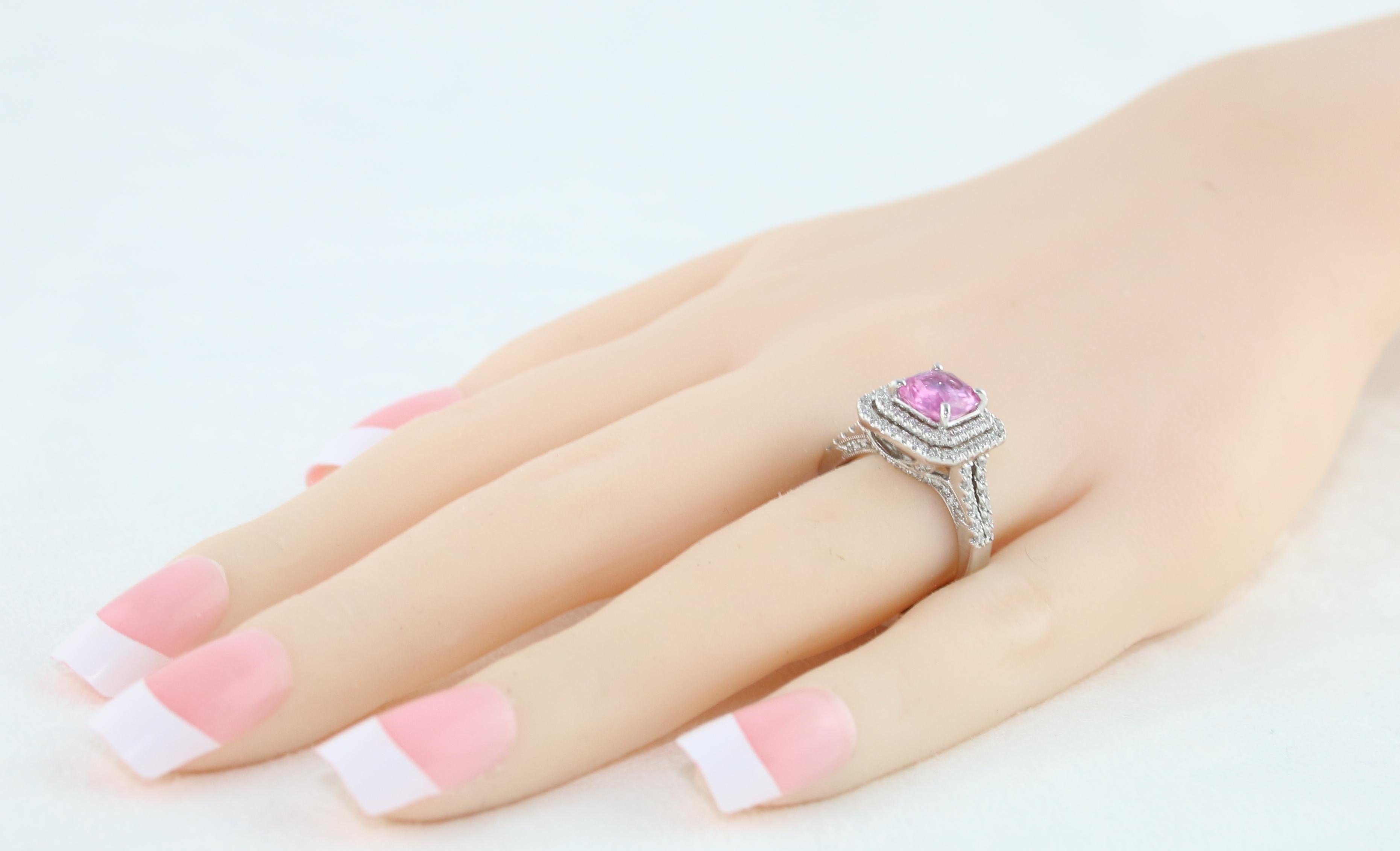 1.90 Carat Cushion Cut Pink Sapphire Diamond Gold Ring For Sale 1