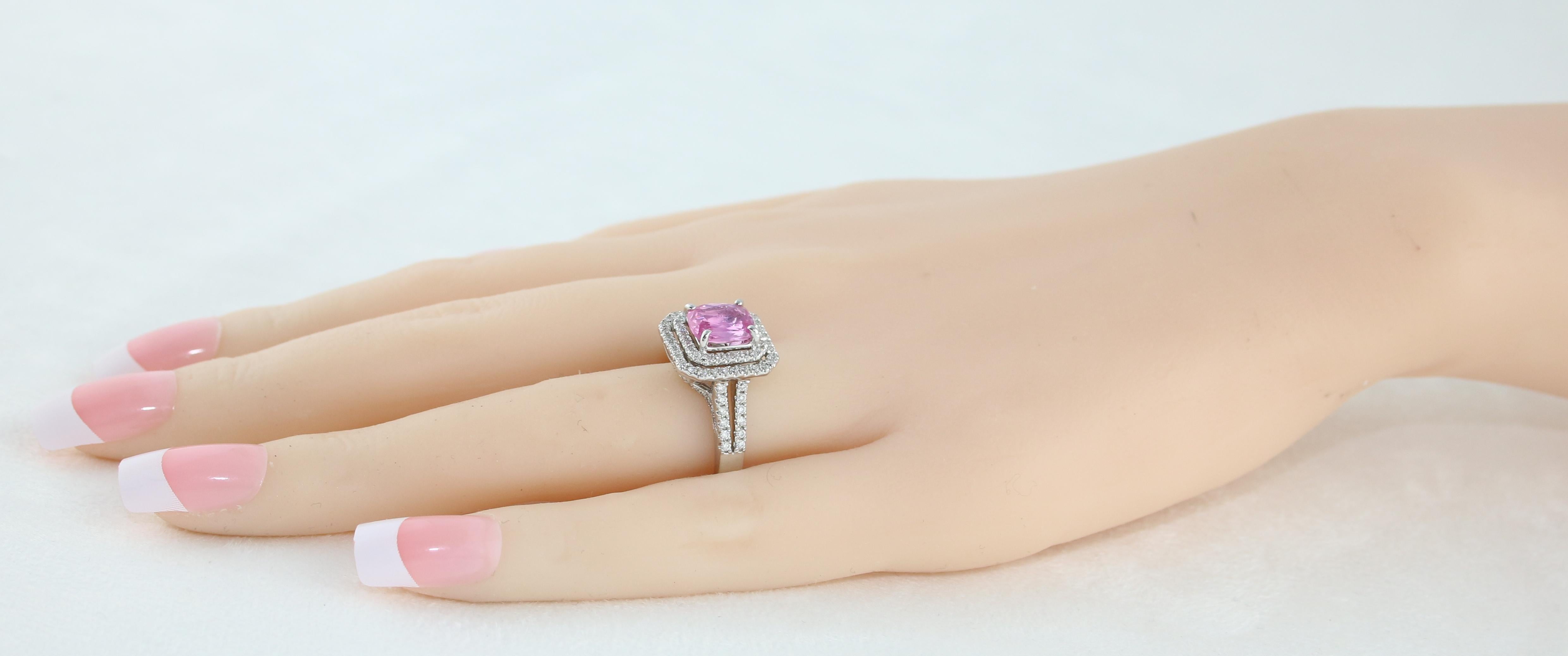 1.90 Carat Cushion Cut Pink Sapphire Diamond Gold Ring For Sale 2