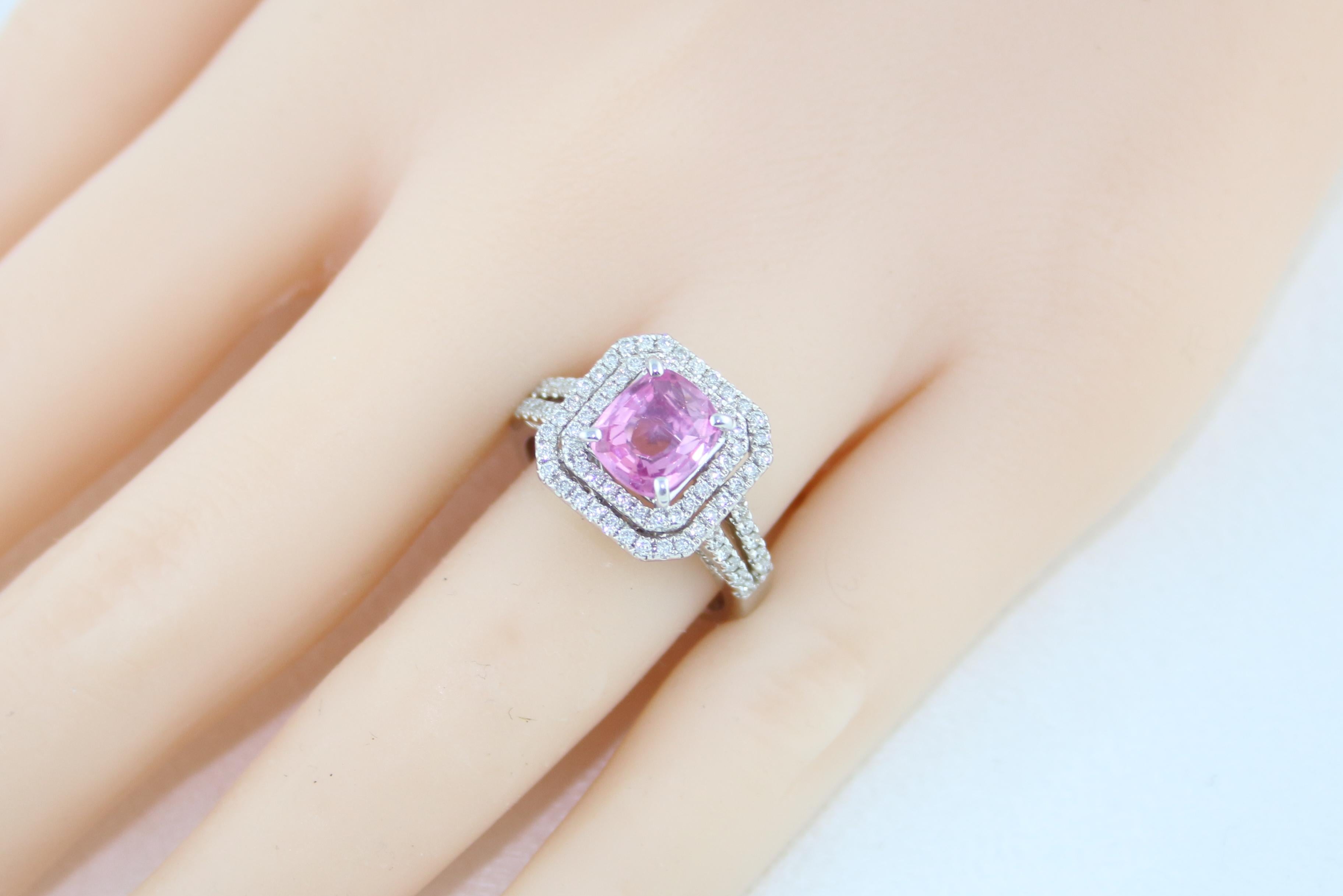 1.90 Carat Cushion Cut Pink Sapphire Diamond Gold Ring For Sale 3