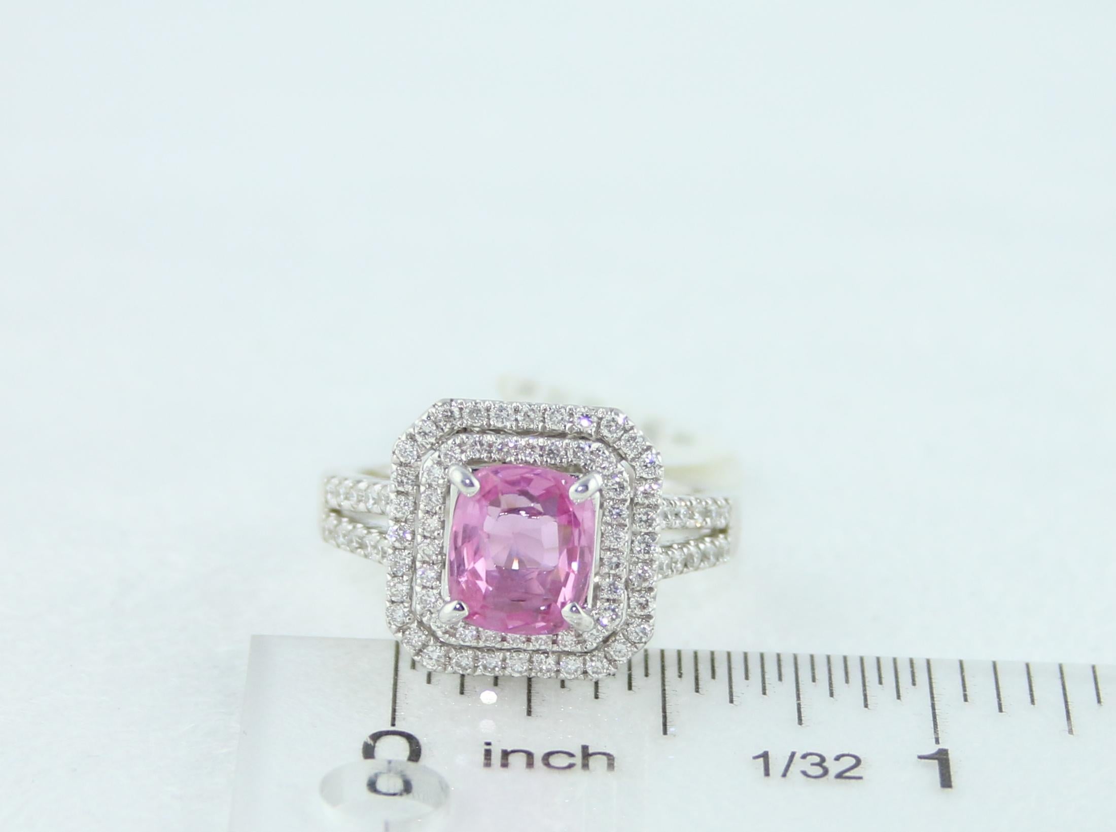 1.90 Carat Cushion Cut Pink Sapphire Diamond Gold Ring For Sale 4