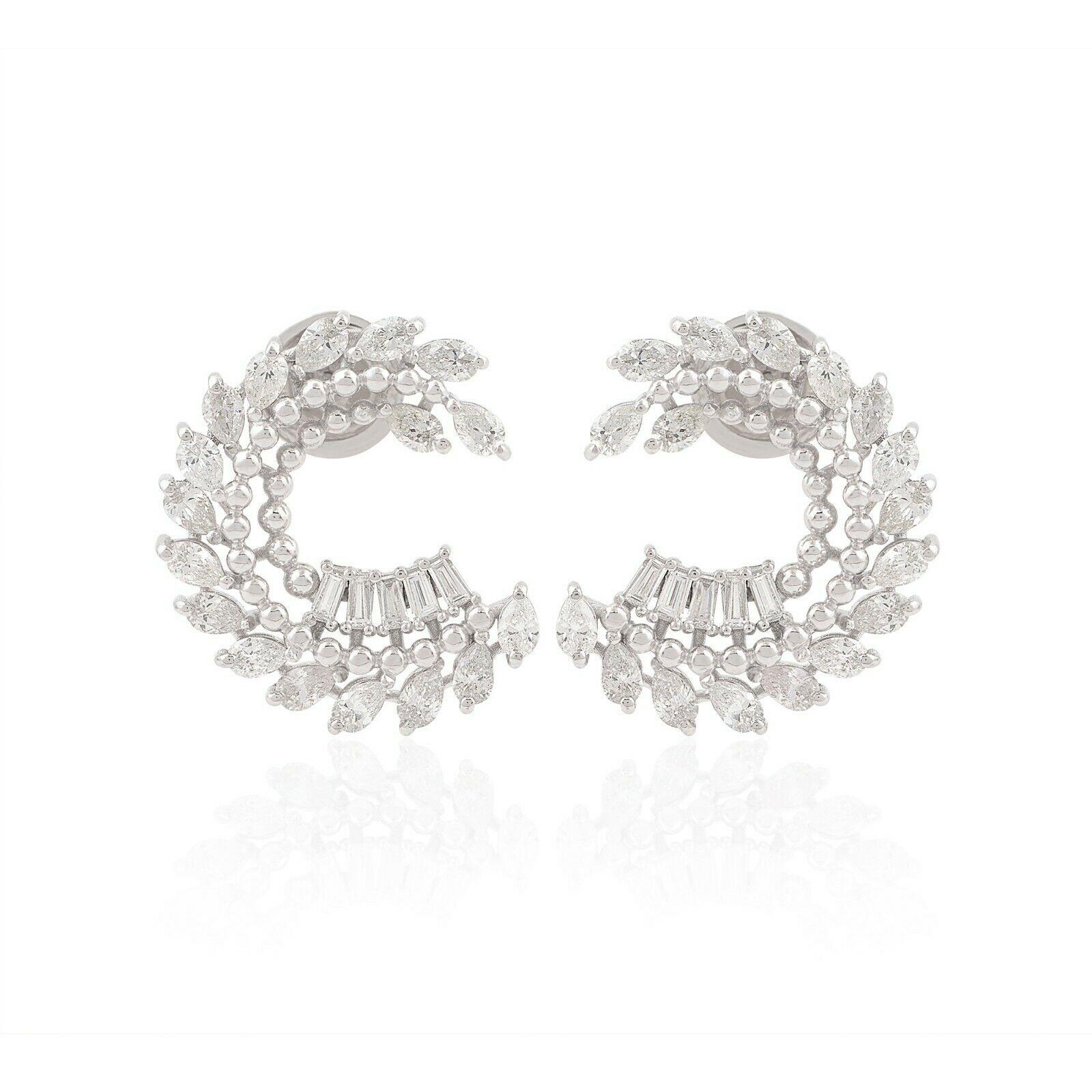 Mixed Cut 1.90 Carat Diamond 14 Karat White Gold Crescent Earrings For Sale