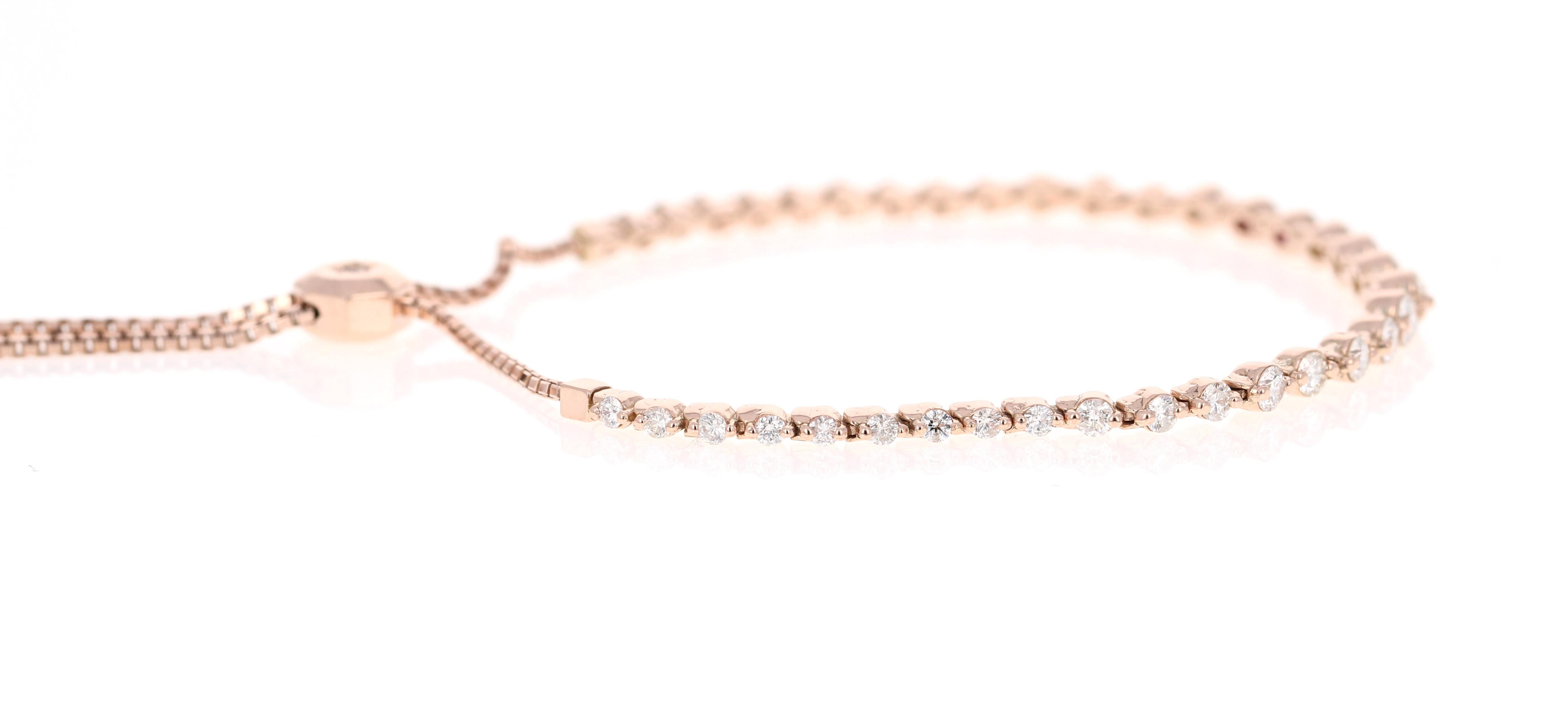 This bracelet has 38 Round Cut Diamonds that weigh 1.90 Carats. (Clarity: SI, Color: F) 

It is set in 14 Karat Rose Gold and weighs approximately 8.0 grams 

The bracelet is flexible in length which means you can make it fit your wrist with an