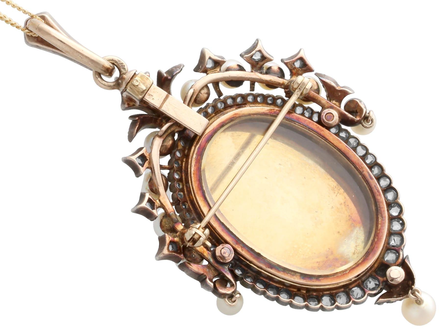 Pendentif / Broche en or jaune 15k avec diamant de 1,90 carat, perle et émail en vente 5