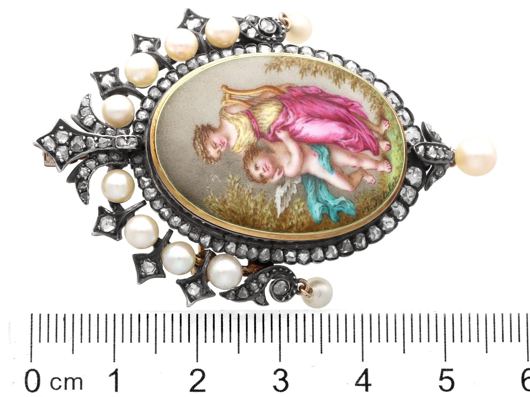 Pendentif / Broche en or jaune 15k avec diamant de 1,90 carat, perle et émail en vente 7