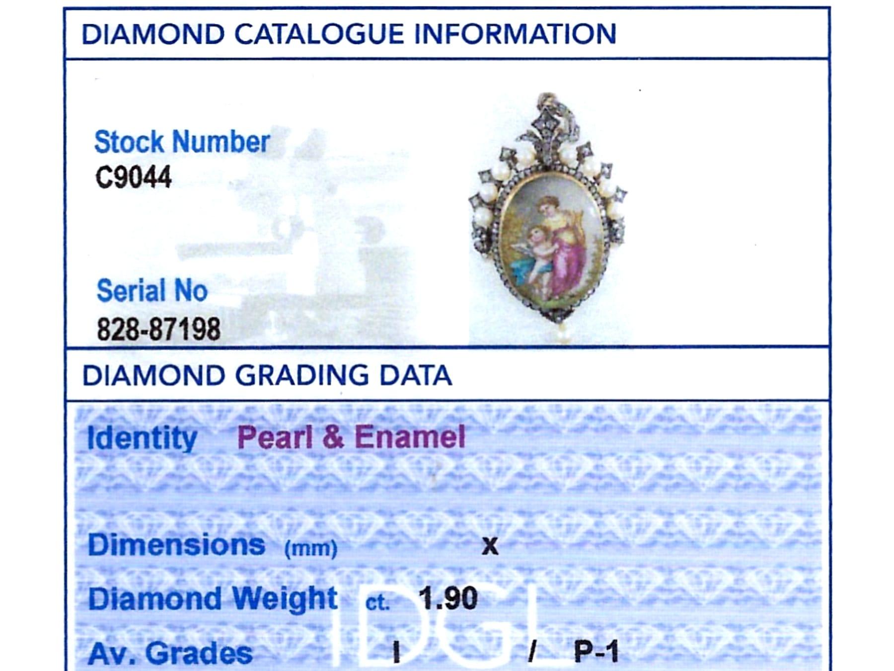 Pendentif / Broche en or jaune 15k avec diamant de 1,90 carat, perle et émail en vente 8