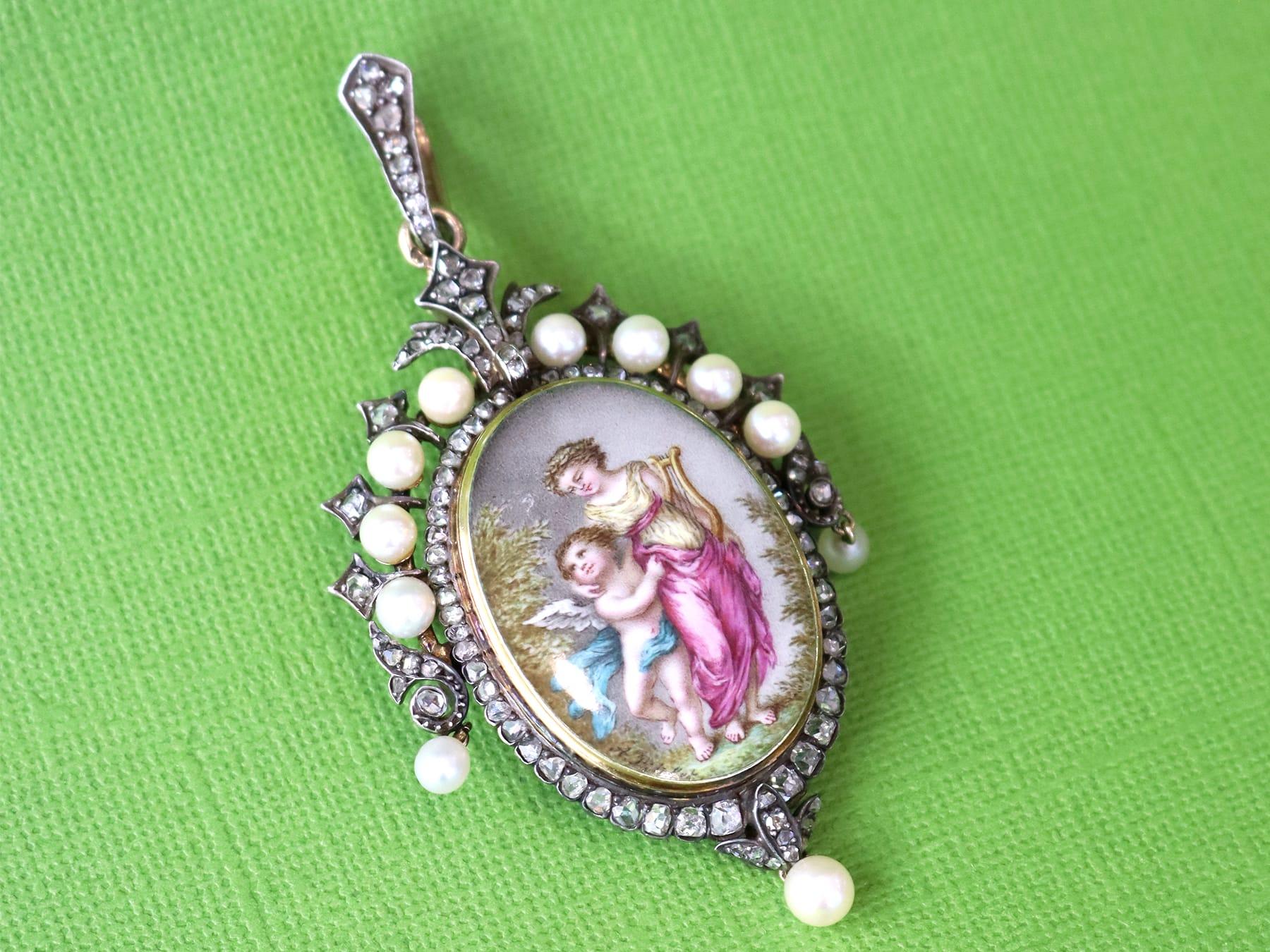 Pendentif / Broche en or jaune 15k avec diamant de 1,90 carat, perle et émail Excellent état - En vente à Jesmond, Newcastle Upon Tyne