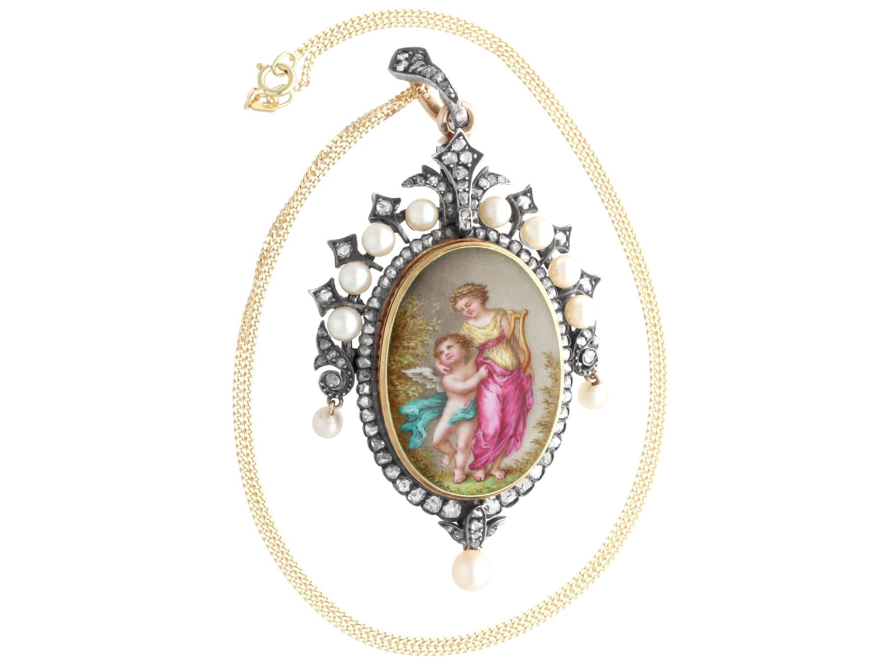 Pendentif / Broche en or jaune 15k avec diamant de 1,90 carat, perle et émail Unisexe en vente