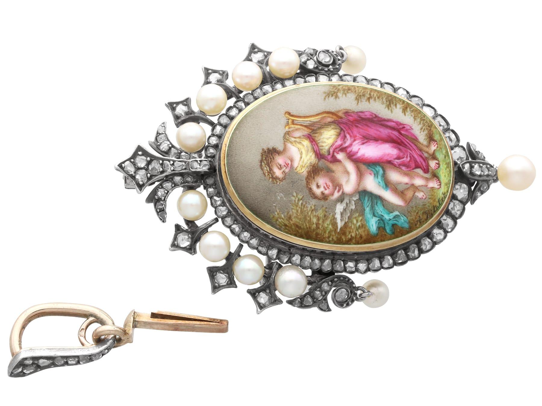 Pendentif / Broche en or jaune 15k avec diamant de 1,90 carat, perle et émail en vente 1