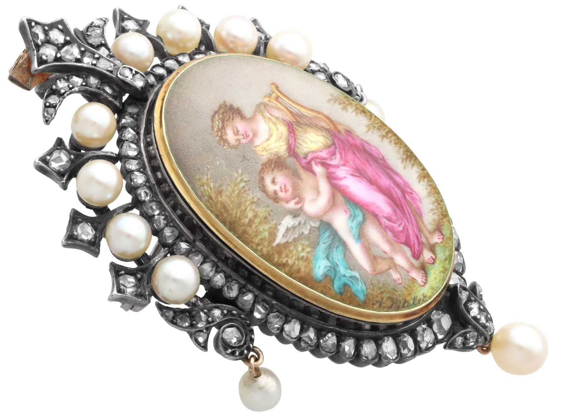 Pendentif / Broche en or jaune 15k avec diamant de 1,90 carat, perle et émail en vente 2