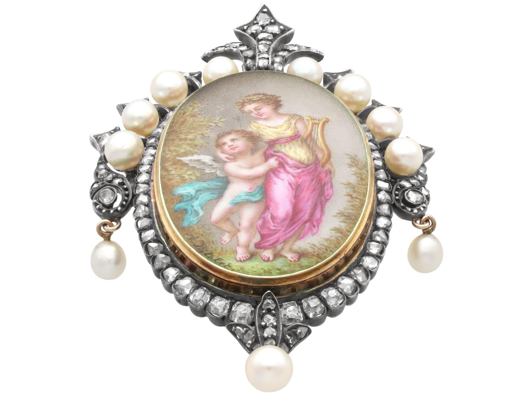 Pendentif / Broche en or jaune 15k avec diamant de 1,90 carat, perle et émail en vente 3