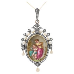 1.90 Carat Diamond, Pearl and Enamel, 15k Yellow Gold Locket Pendant / Brooch
