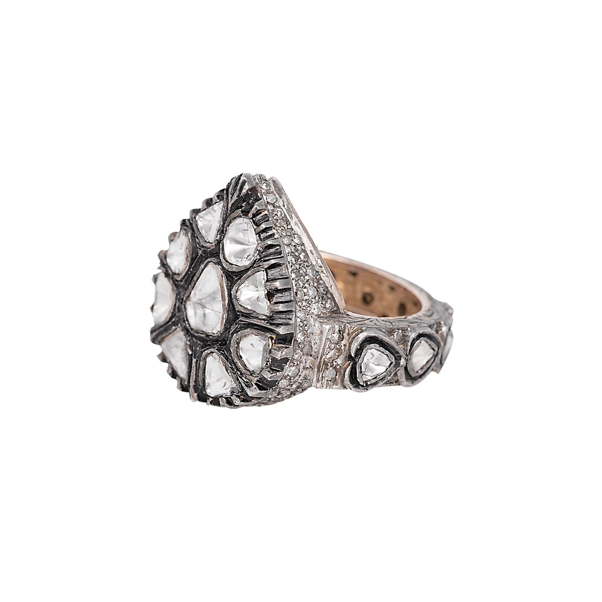 1.90 Carat Diamond Polki Handcrafted Antique Style Ring

This Victorian period art-deco atypical polki diamond ring is marvelous. The uneven triangle and U-cut flat polki diamond solitaires set in bezel setting surround the bigger center uneven pear