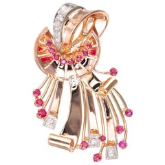1.90 Carat Diamond Ruby Rose Gold Swirl Brooch