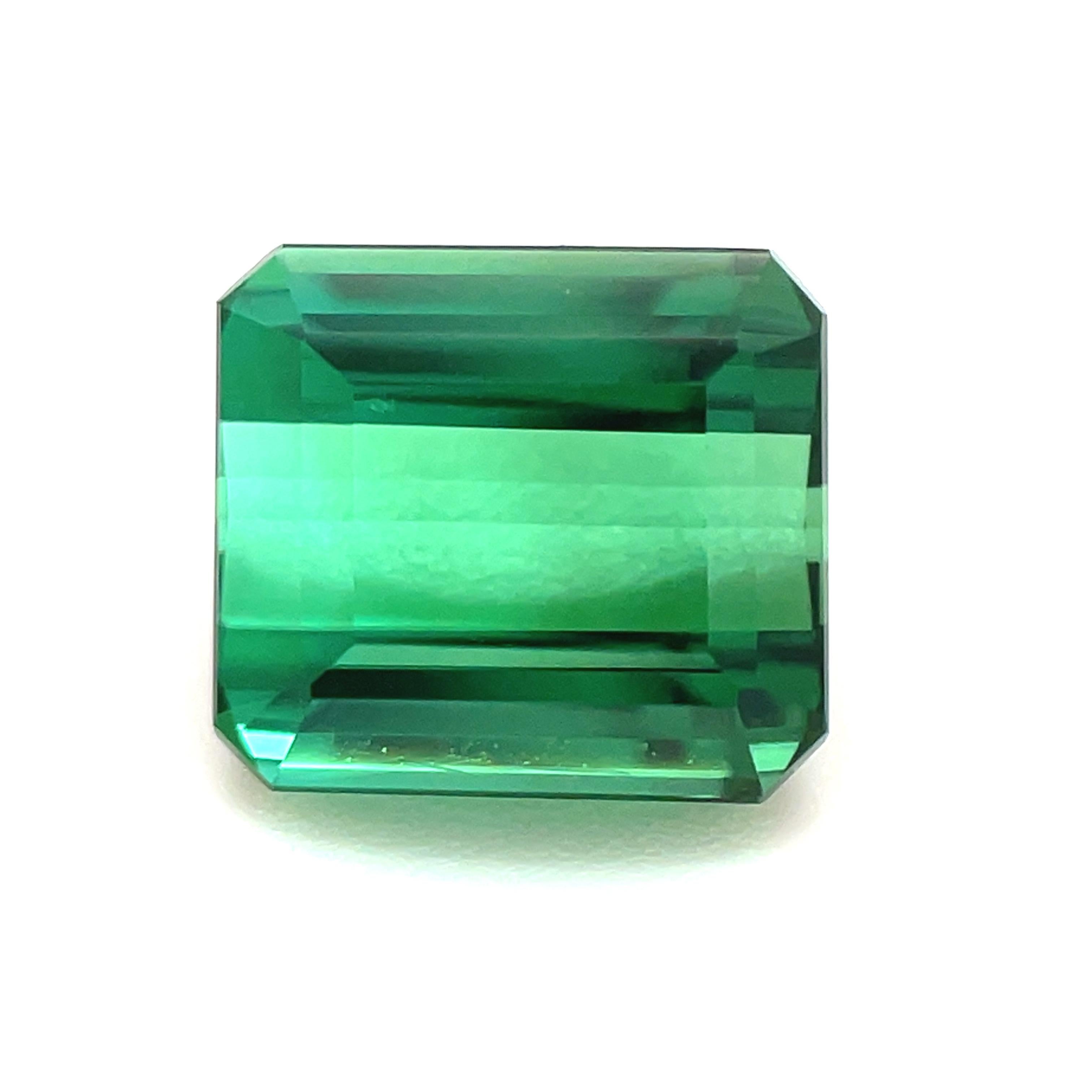 This bright, emerald-cut green tourmaline is so lively and pretty! It weighs 1.90 carats and measures 7.22 x 6.52 millimeters, making it the perfect size for an everyday ring or pendant! A beautiful medium green color with both golden and slight