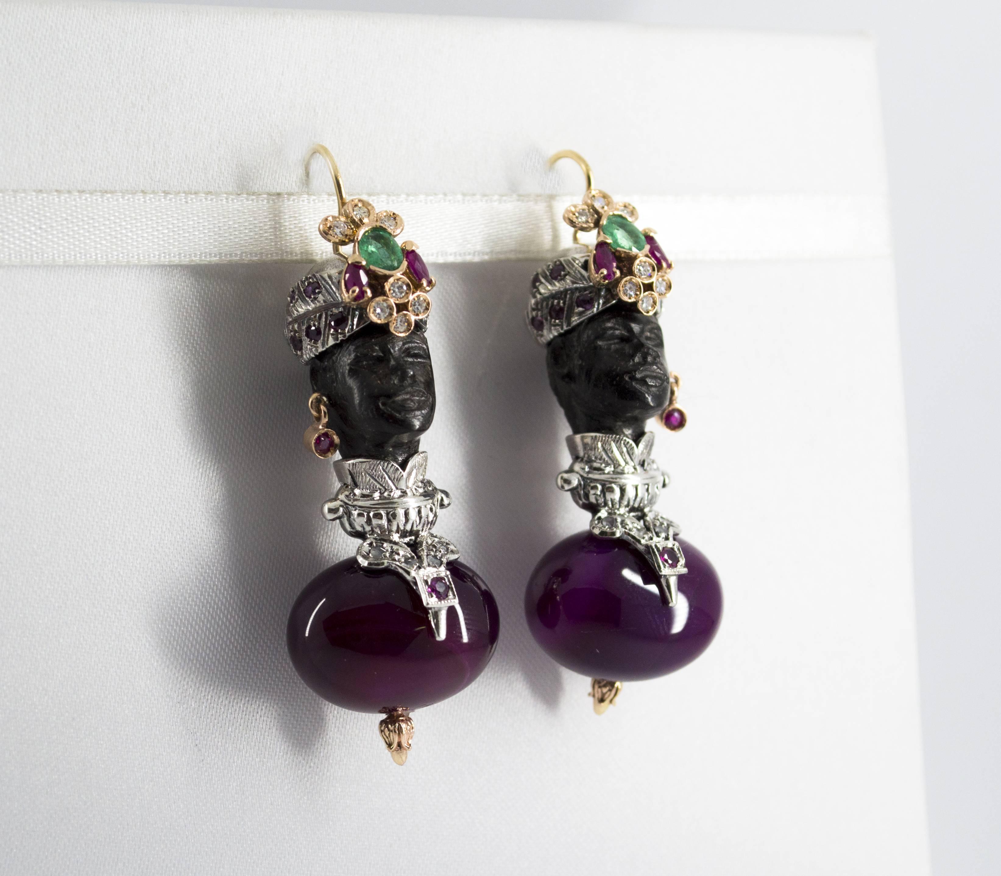 1.90 Carat Emerald Ruby Diamond Agate Ebony Yellow Gold Moor of Venice Earrings In New Condition In Naples, IT