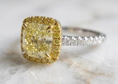 1.90 Carat Fancy Yellow Cushion Brilliant Cut Diamond Halo Engagement Ring