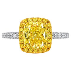 1.90 Carat Fancy Yellow Cushion Brilliant Cut Diamond Halo Engagement Ring