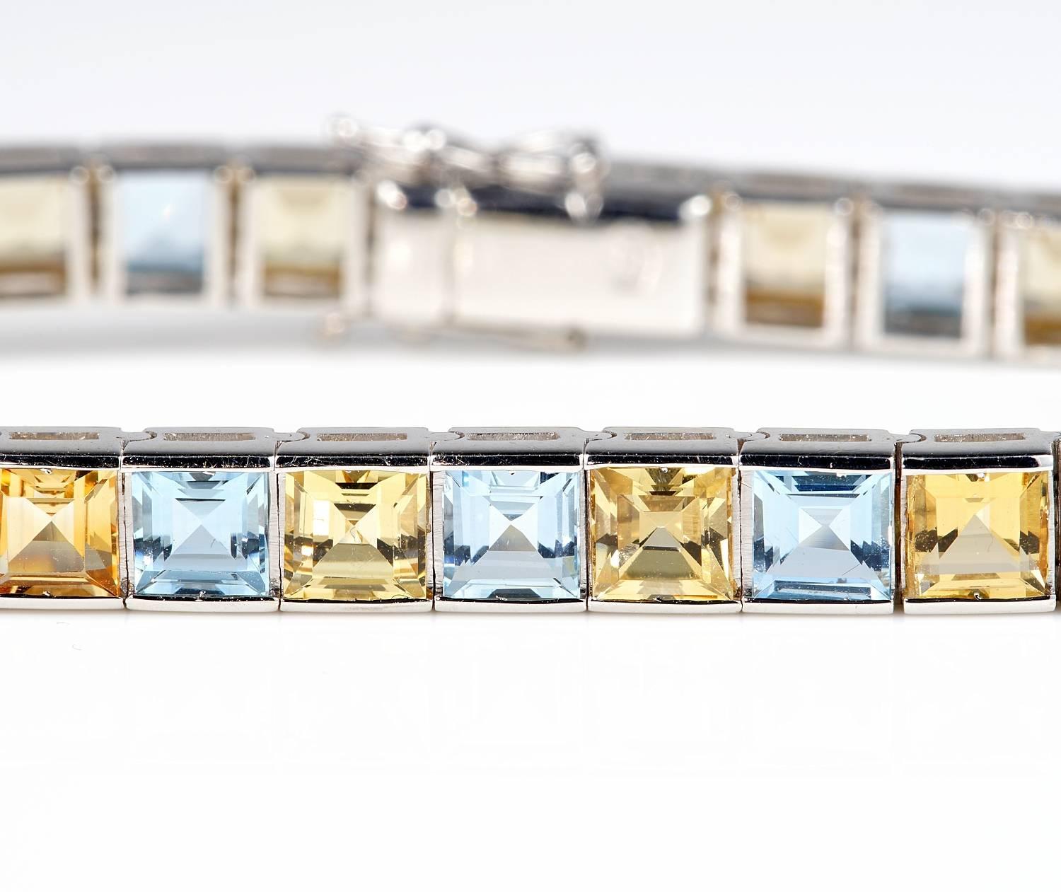 Everlasting!
This spectacular quality of Aquamarine and Imperial Topaz tennis bracelet is the perfect complement for every occasion
Ravishing, pastel colours of Natural Aquamarine and Imperial Topaz of elegant square cuts sparkle and radiates fire