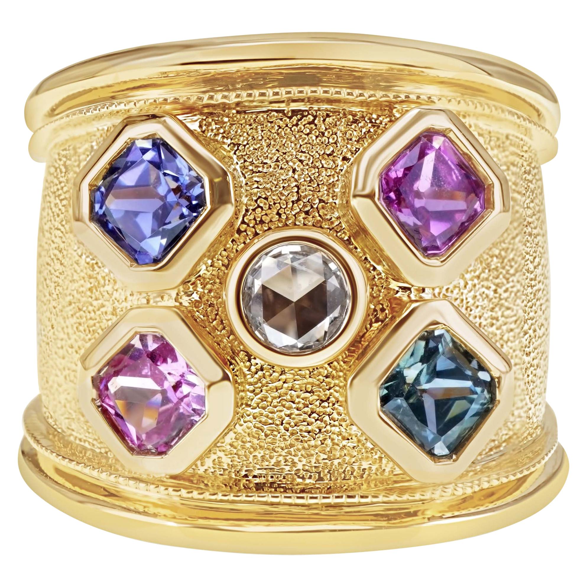 1,90 Karat Diamant & Diamant 18K Gold RIng, gemischte Farbe, Prinzessinnenschliff, unerhitzter Saphir