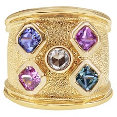 Used 1.90 Carat Mix Color Princess Cut No Heat Sapphire & Diamond 18K Gold RIng