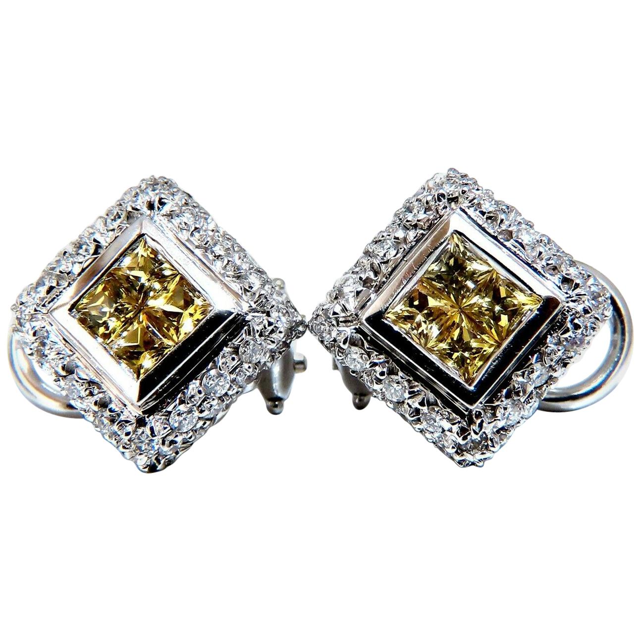 1.90 Carat Natural Canary Yellow Sapphire Diamond Clip Earrings 18 Karat Omega For Sale